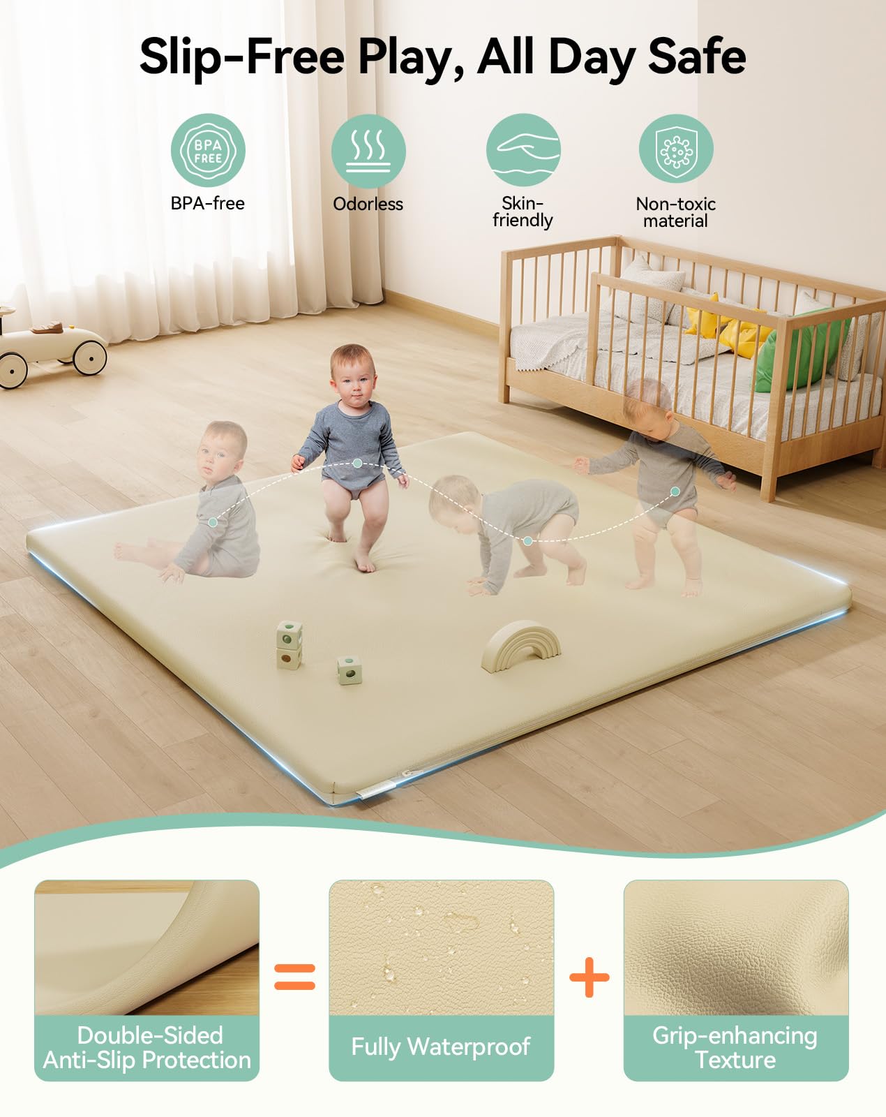 COMOMY Cuir Végan Tapis d'eveil Bebe, Extra Doux et Epais Tapis de Jeux Bebe 127x127x3 cm, Imperméable Tapis Sol Bebe de Jeu Pour Parc, Pliable Tapis d'éveil et de Jeux, Beige