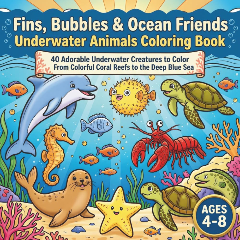 Fins, Bubbles & Ocean Friends: Underwater Animals Coloring Book: 40 Adorable Underwater Creatures to Color - From Colorful Coral Reefs to the Deep Blue Sea