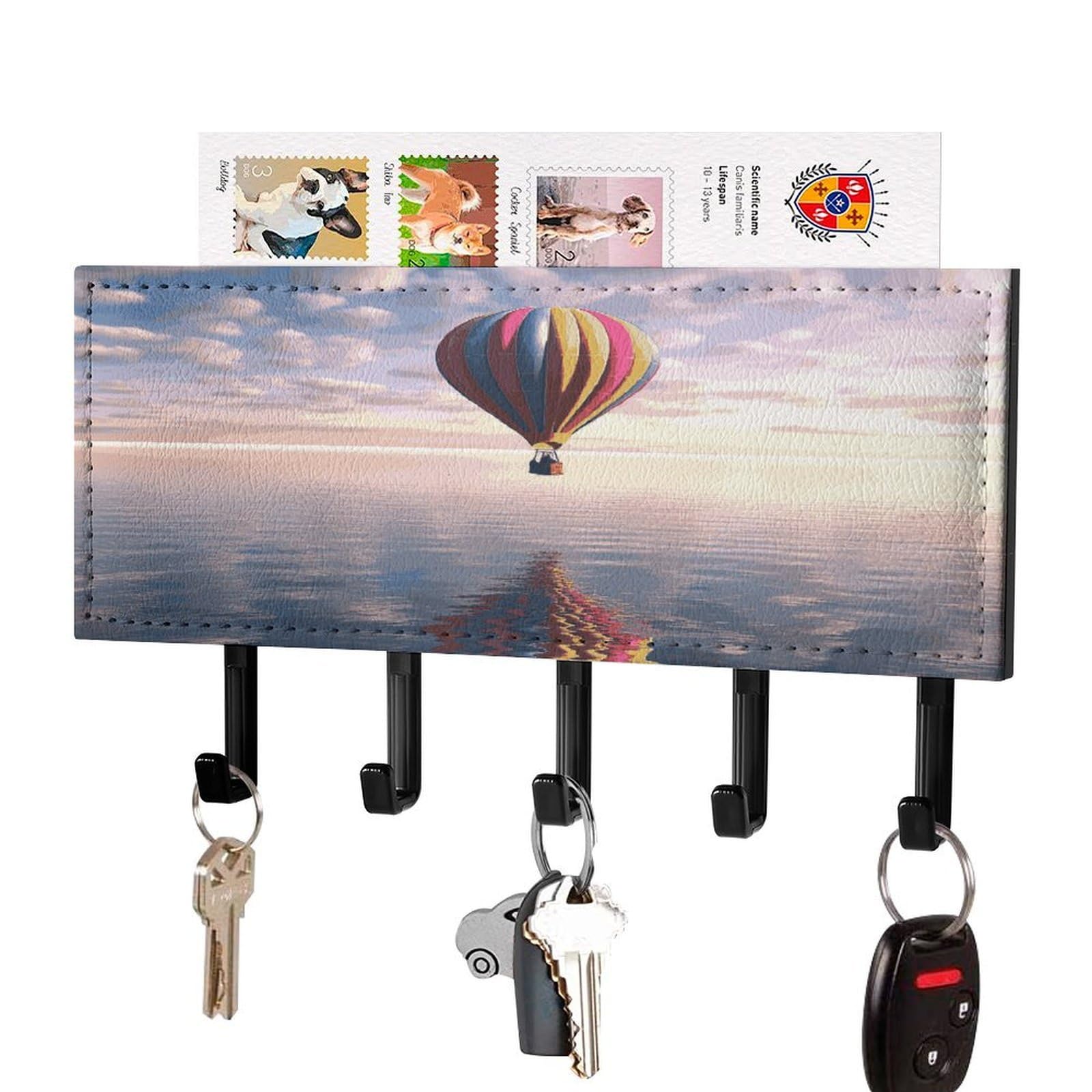 Fekiloot Black-Style Hot Air Balloon Over The Sea Key Holder Wall Mount Key And Mail Holder Key Hanger With 5 Hooks Decorative Pu Key Rack Hanging Key Hooks For Wall Living Room Kitchen Bathroom Hallway