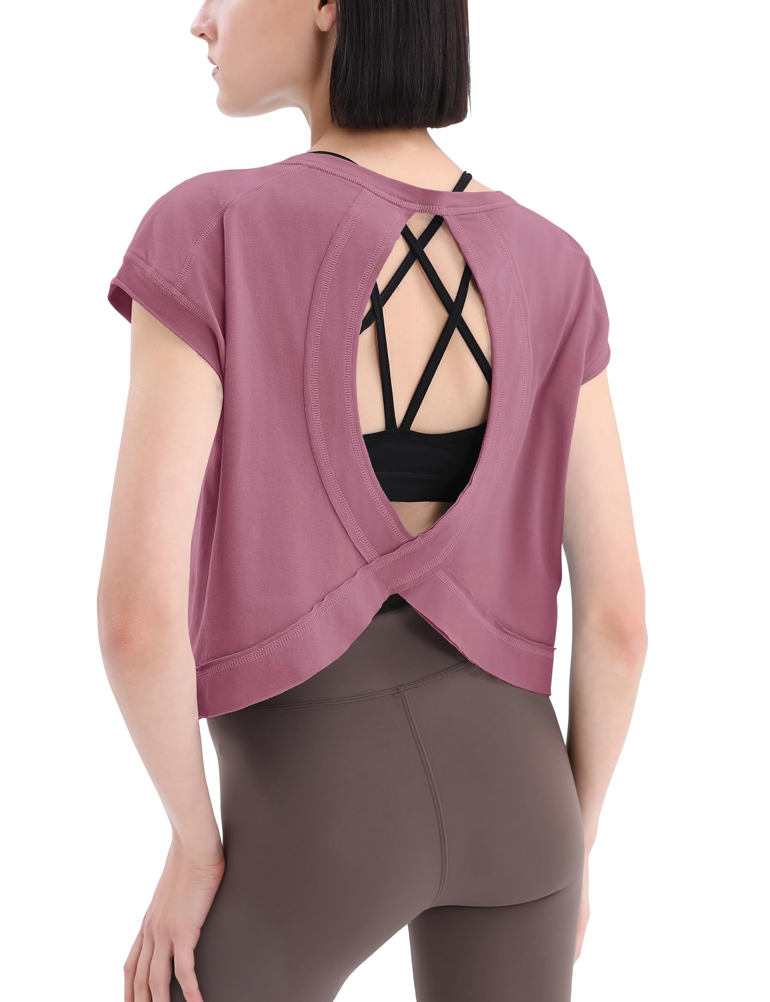 Loovoo Women's Open Back Workout Crop Tops Short Sleeve Yoga Shirts Cute Athletic Running Casual Backless Top Loose Fit