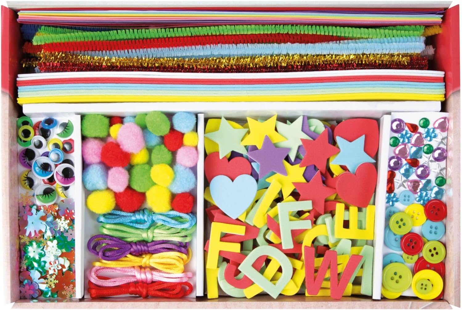 Lena Craft Case with 400 Pieces, Paper Foam Rubber, Pipe Cleaner, Rhinestones, Wiggle Eyes, Pompoms and Buttons, Pink & Purple, Suitable for Children Aged 5 Years and Up