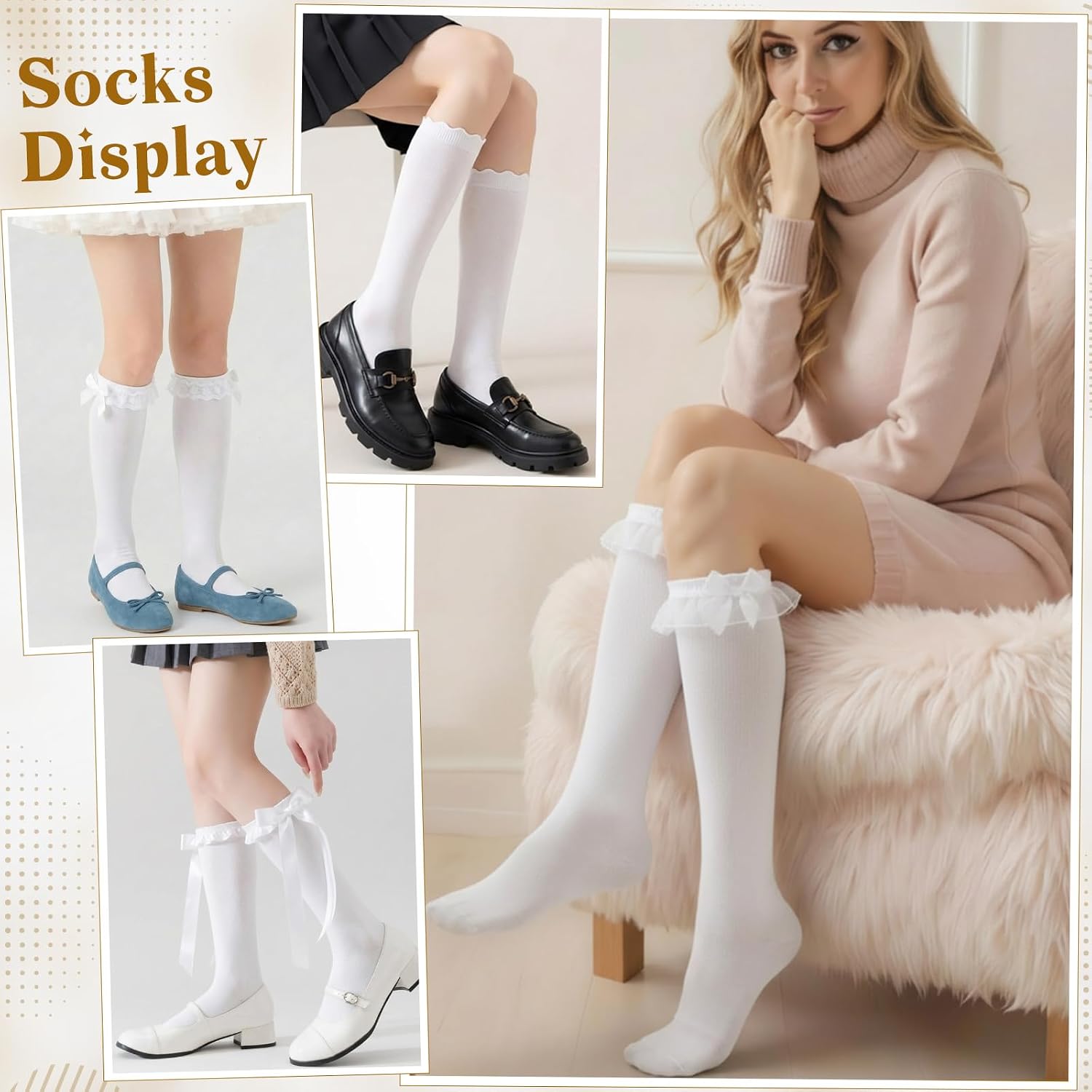 Chicingyou 4 Pairs Women's Lace Ruffle Knee High Socks Girl's Knee Stockings with Bow Trim Dress Socks