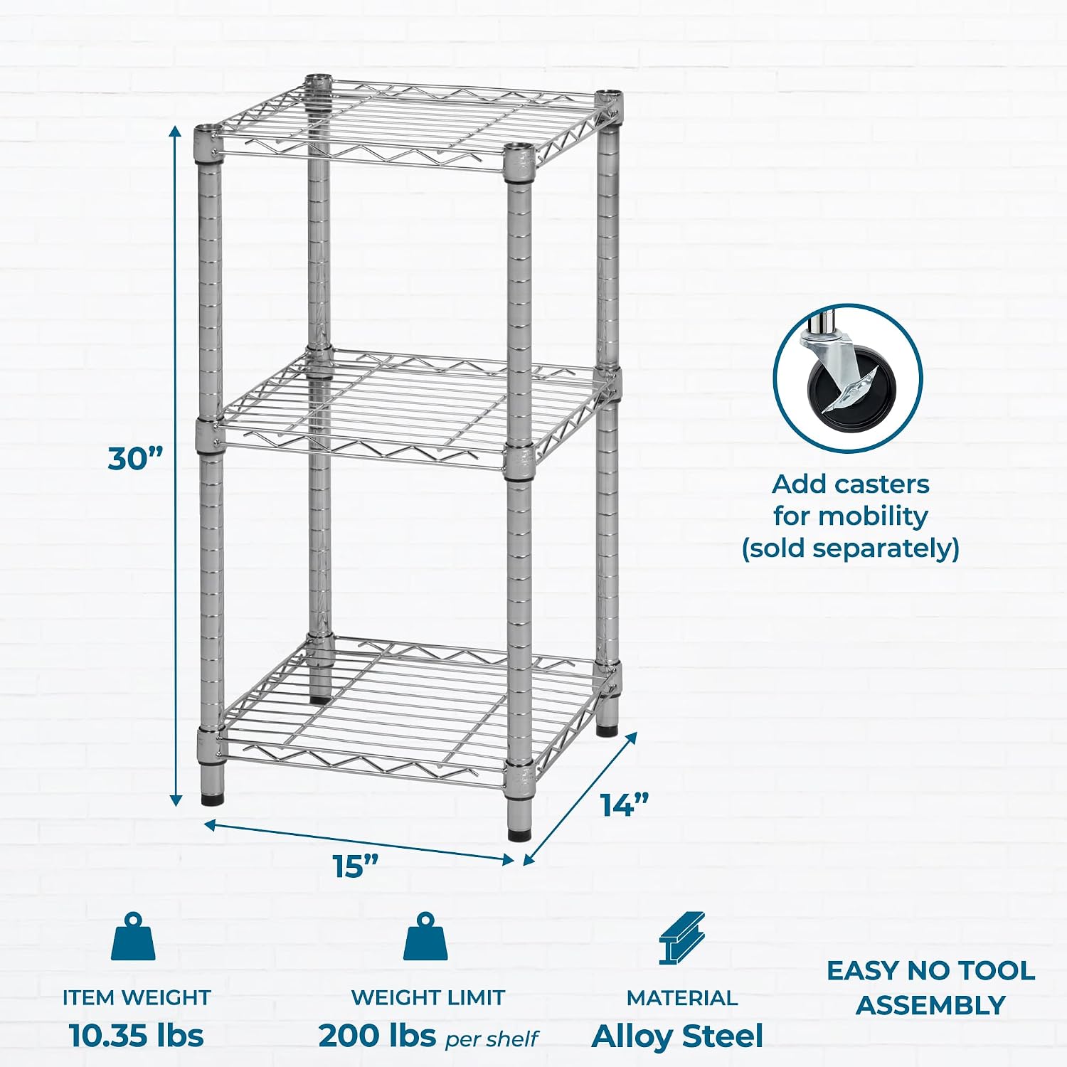 Honey-Can-Do 3-Tier Stackable Chrome Wire Shelf, 200 lb/Shelf, 15x14x30 in | 600 lb total in a compact footprint; stacks & connects into a custom wall; fits counters & closets; no-tool build
