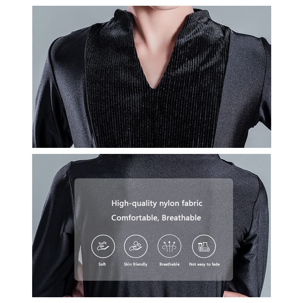 Boys Long Sleeve Latin Modern Dance Tops Slim Professional Ballroom Shirt for Kids (as1, Age, 13_Years, 14_Years, 13-14 Years) Black