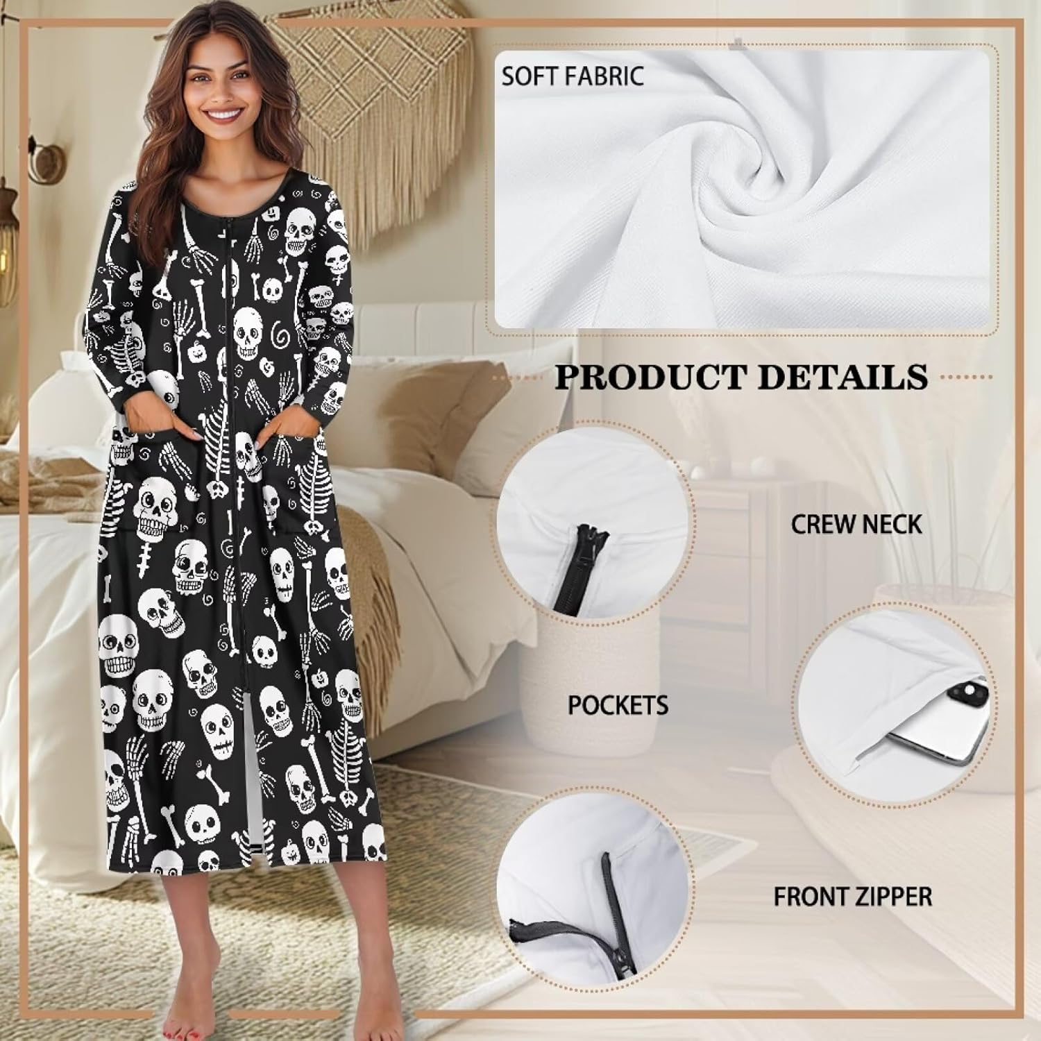 Nights Ladies Sleepwear Zip Up Oversized Nightgowns Crewneck Sleepshirts Lounger Dress Duster Robe with Pockets