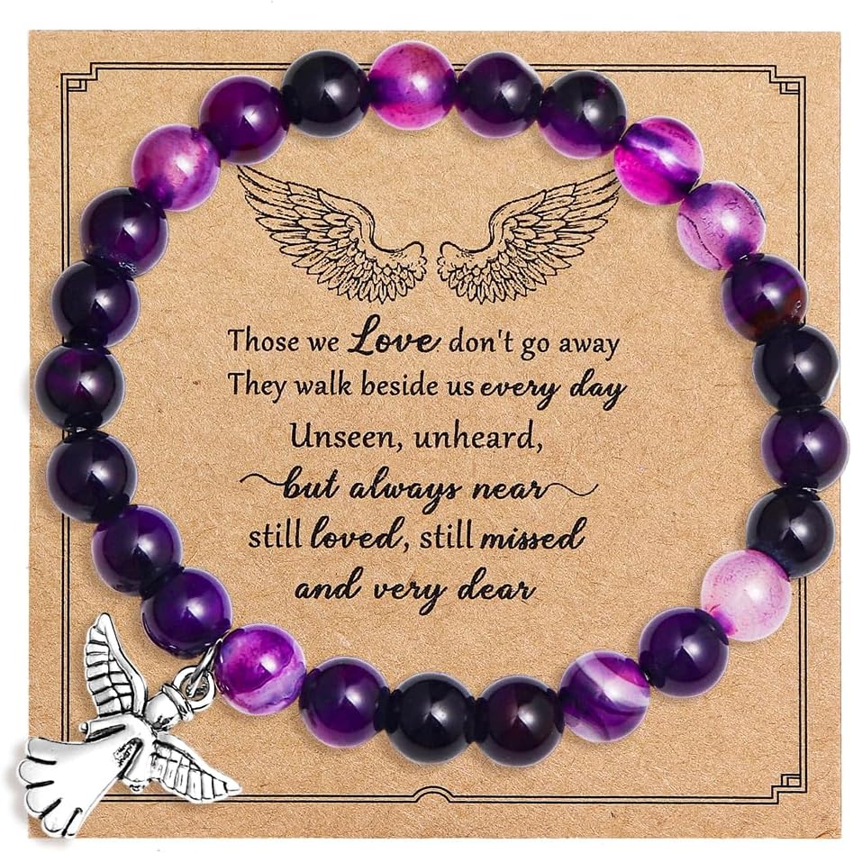 COLORFUL BLING Inspirational Religious Bracelet Guardian Angel Charm Bracelets/Sympathy Gift for Loss of Loved One/Sympathy Gift Amethyst Bead Bracelet/with Angle Wings Jewelry Gifts for Women