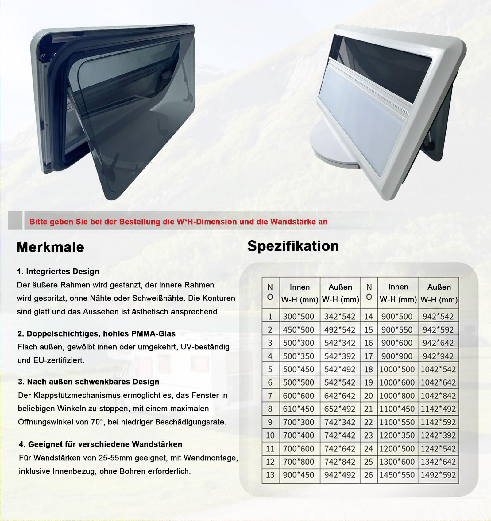 Wohnmobil Fenster Wohnwagen Fenster 900x450 mm - Ausstellfenster Camper Wohnmobilfenster Externes Push Fenster mit Integriertem Rollo und Fliegengitter für Alle Arten von Fahrzeugen