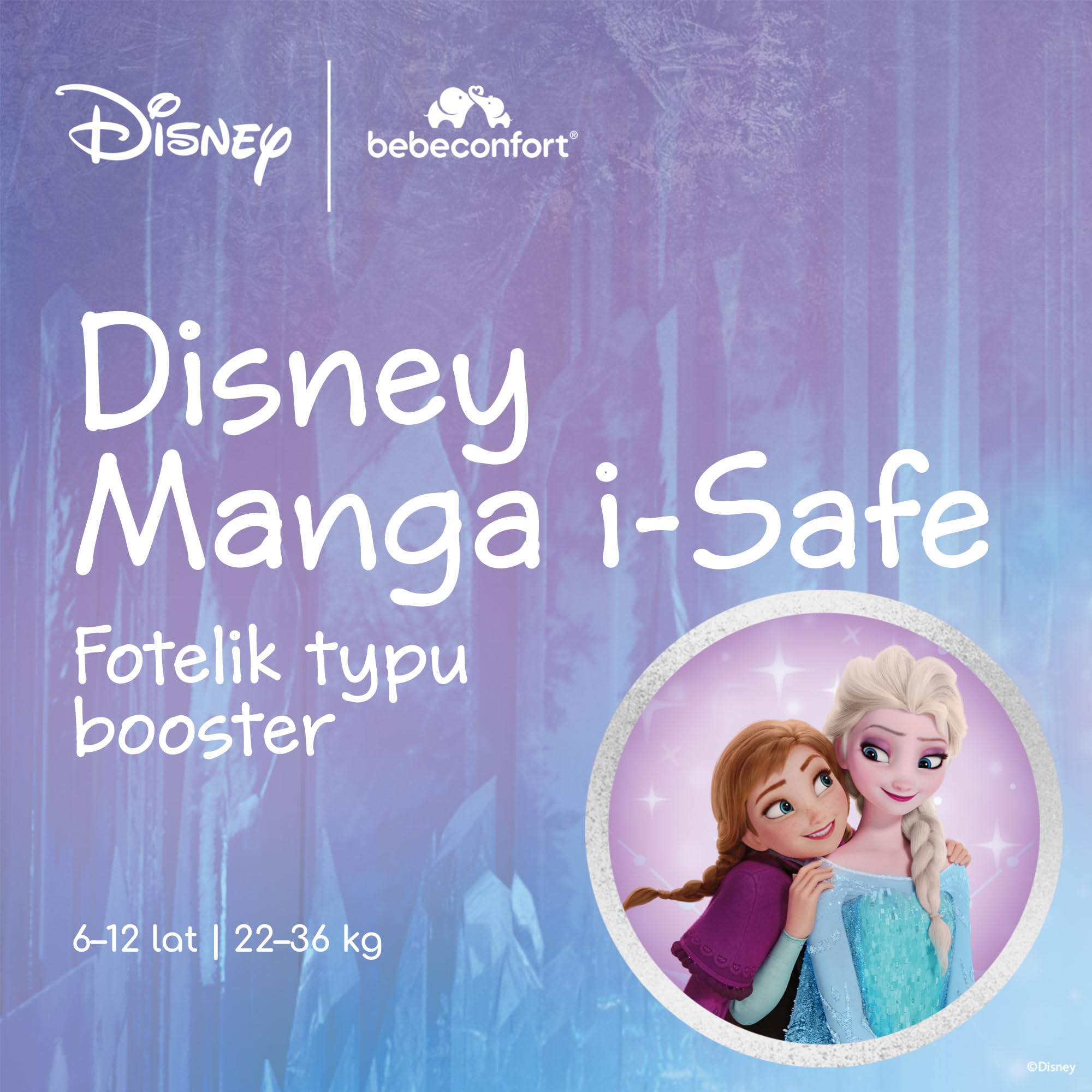 Bebeconfort Disney Manga i-Safe, Fotelik Samochodowy dla Dziecka, 6–12 Lat, 128–150 cm, 22-36 kg, Fotelik Dziecięcy Disney Frozen, Lekki, Łatwy Montaż Pasa, Miękkie w Dotyku Tkaniny, Kraina Lodu