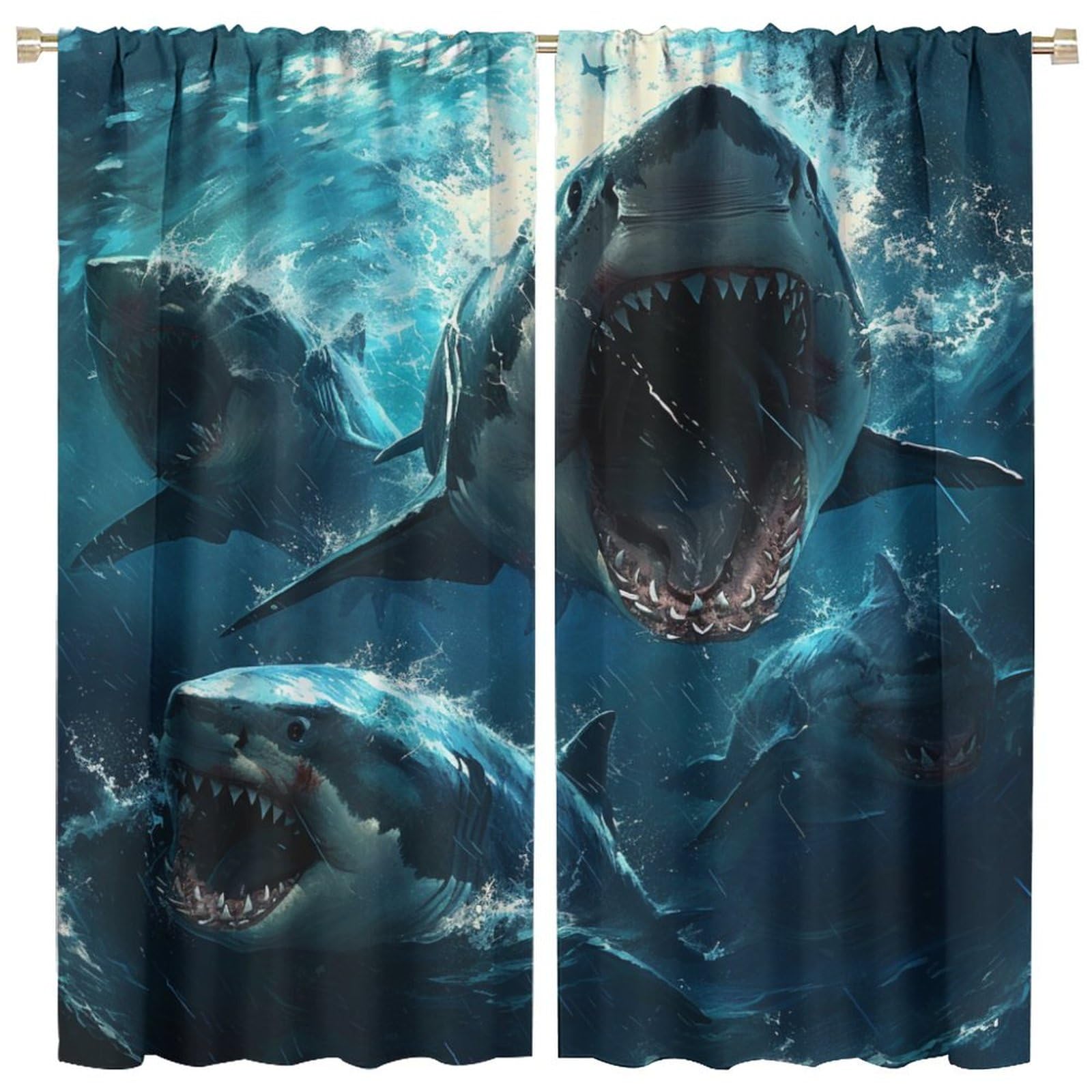 LITINGZHILONG Ocean Shark Theme Curtain, 2 x 42x45in Blackout Curtain Panels with 3in Rod Pocket, Shark Print, Unisex, Indoor, Bedroom/Living Room/