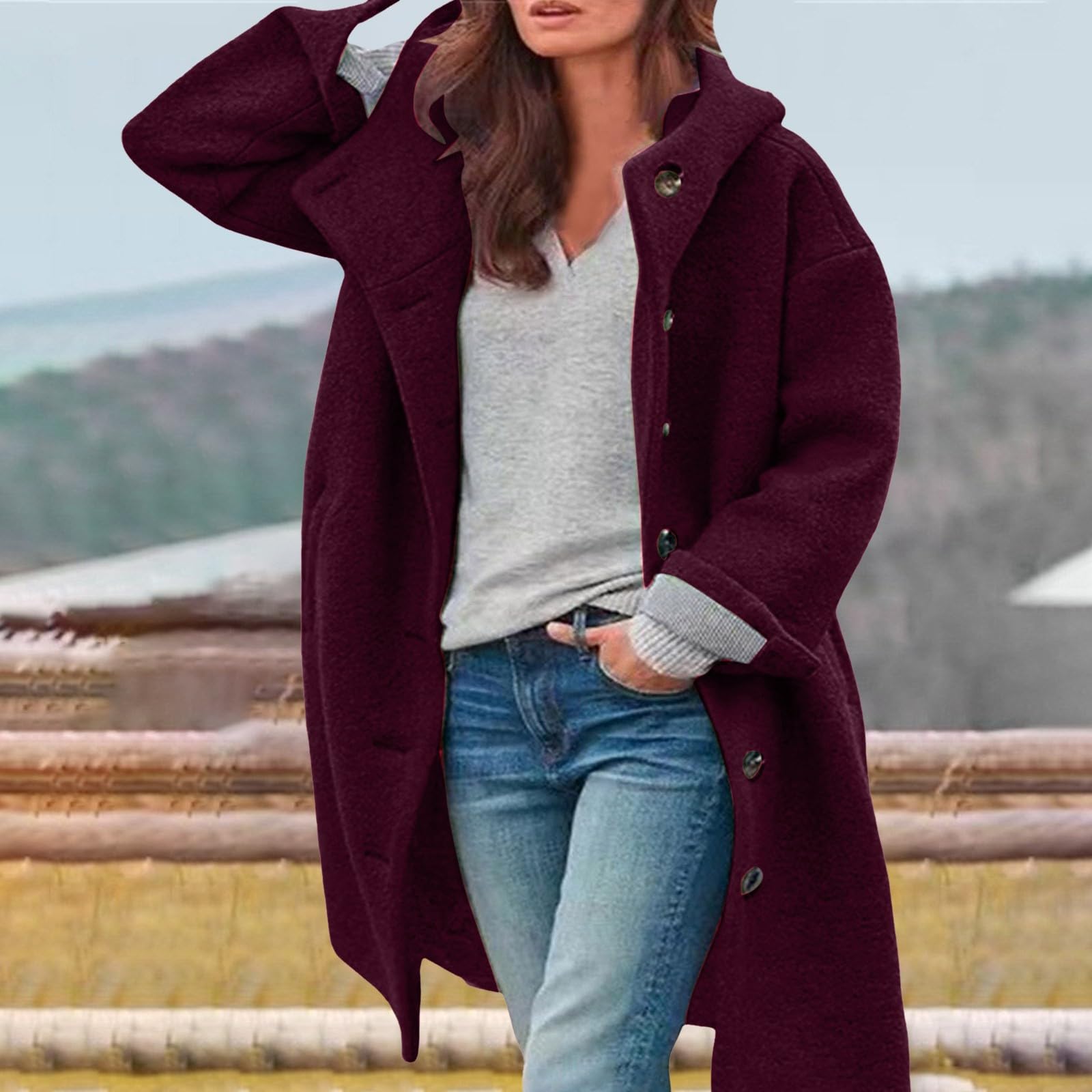 SRZYMJ Rot Mantel Damen Wollmantel Herbst Damen-Mäntel Wolle Übergangsmantel Wintermantel Slim Fit Wolljacke Trenchcoat Einfarbig Herbstmantel Freizeit Kurzmantel Warme Winterjacke Outdoor Jacken