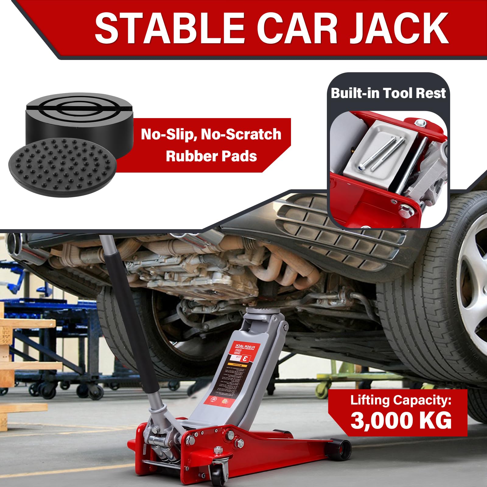 TEENO Gato Hidraulico 3T 75-500 mm Pistón Doble Bajo Ruedas 360° para Coche