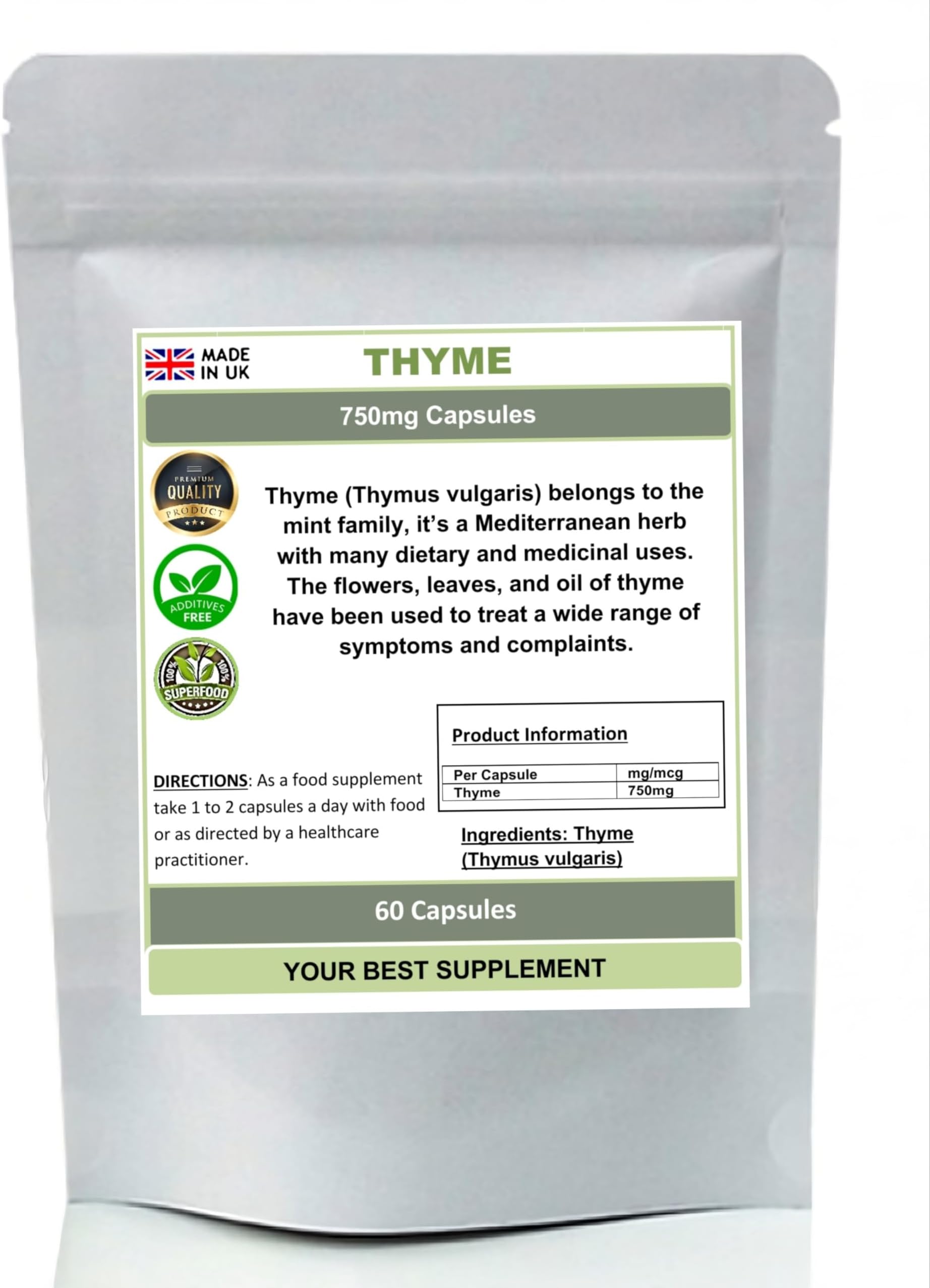 Thyme Capsules 750mg Thymus vulgaris 100% Natural (No fillers) (60)