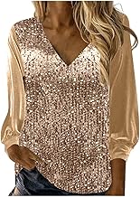 Sequin Tops for Women UK Clearance V Neck Solid Long Sleeve Pullover Blouses Ladies Satin Silk Sleeve Sparkly Shimmer Shirt Elegant Glitter T Shirt Festival Party Shining Tees UK Size S-3XL
