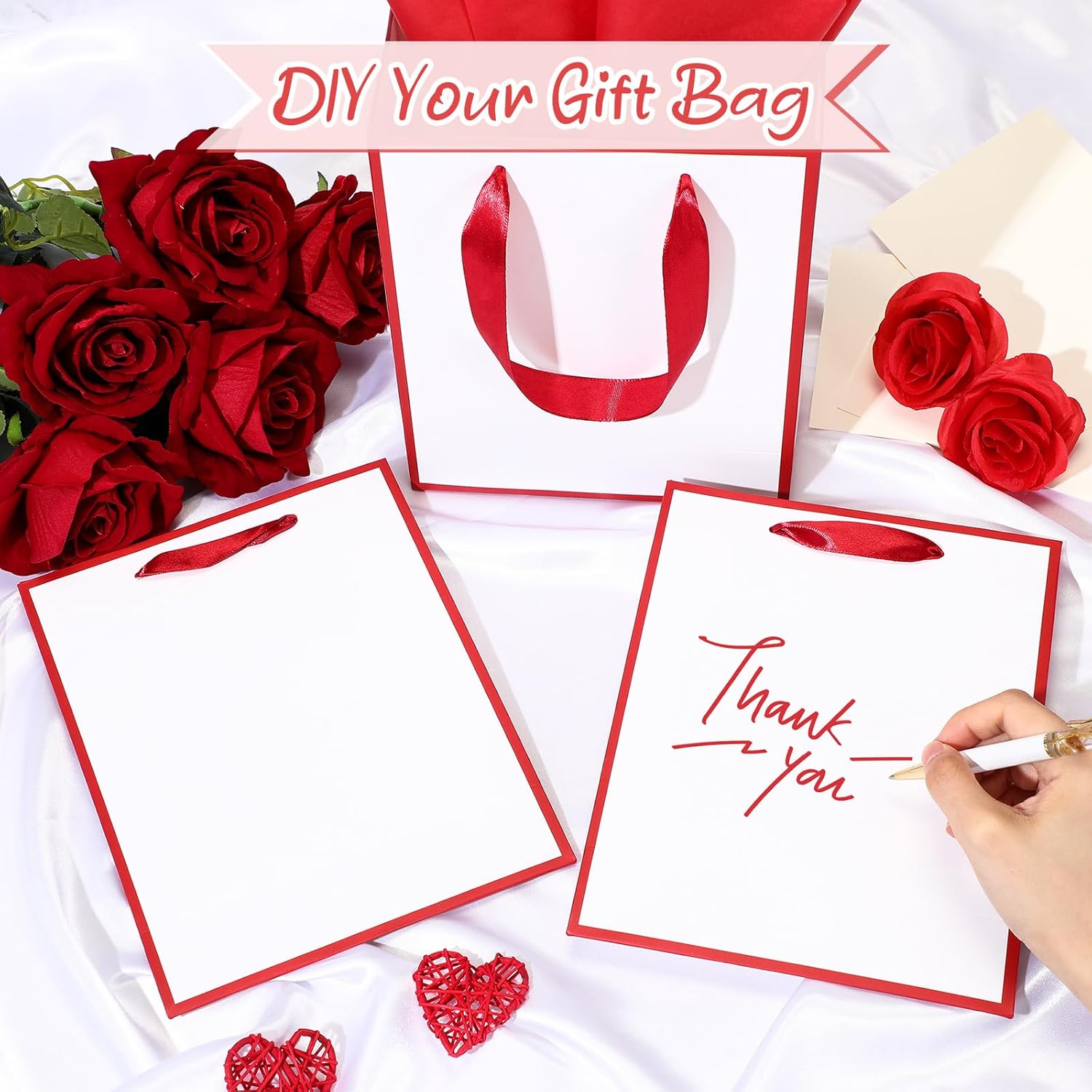Yeaqee 50 Pack Metallic Gift Bags with Handle and Tissue Paper Gold Foil Thank You Bag for Valentine Wedding 5 Groomsmen Bridal 5 Senses Gifts Holiday Party Favors 9x7x3.15''(White Red) - Image 4
