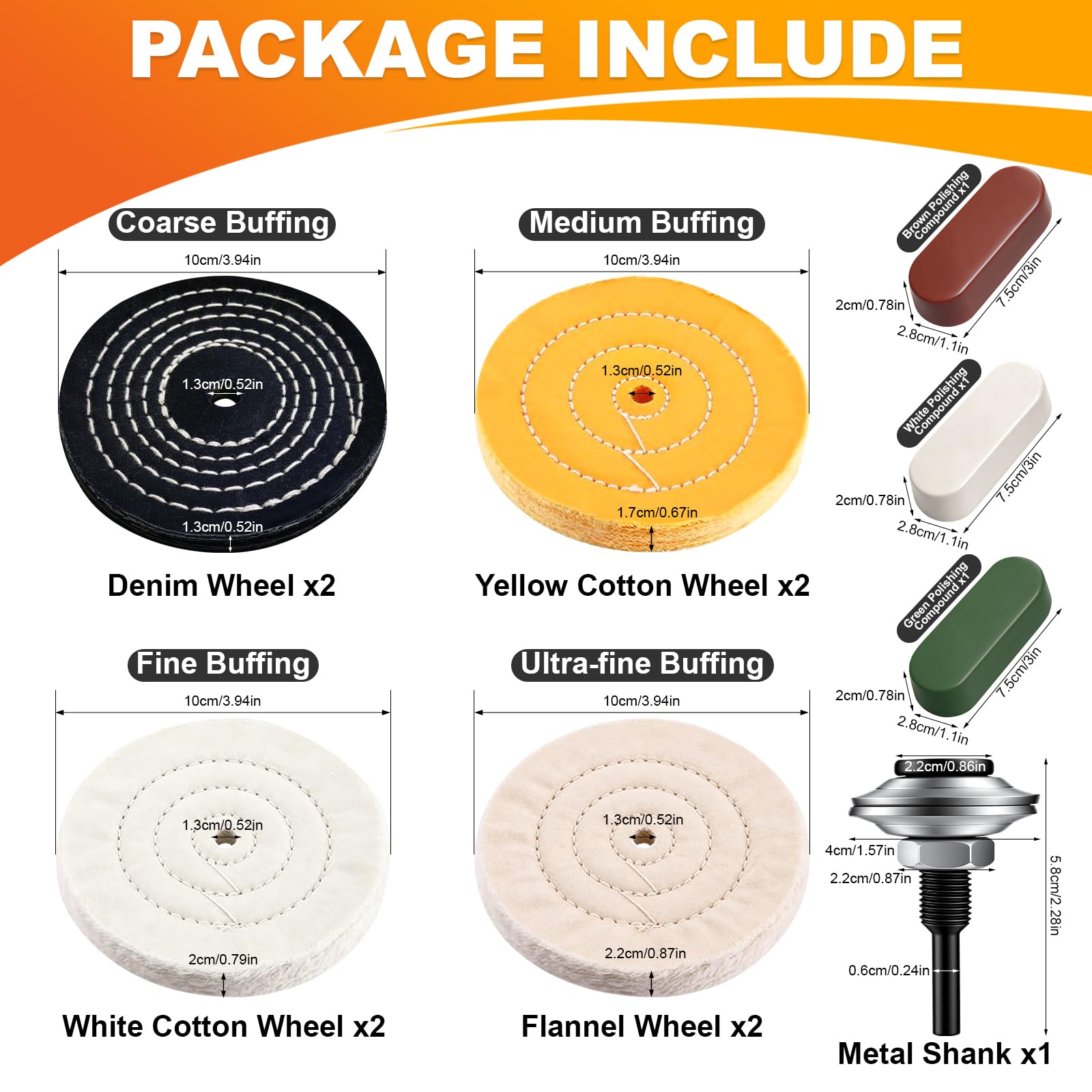 Kit da 8 Pezzi di Ruote Lucidanti da 100 mm – 4 Dischi Abrasivi con 3 Paste Lucidanti e Adattatore, Foro da 1/2" (12,7 mm), per Levigatrice a Banco, Trapano e Avvitatore (12)