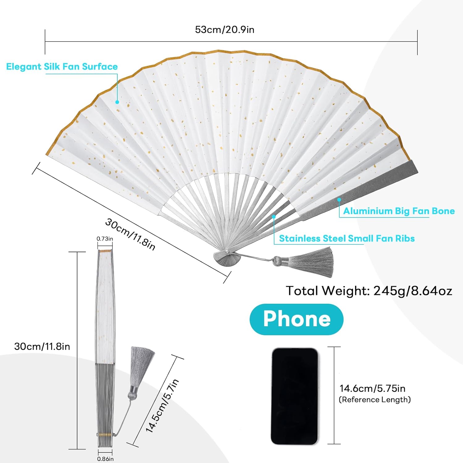 TISUR Large Titanium Folding Hand Fan, Chinese Kung Fu Tai Chi Hand Fan Foldable Festival,Edc Gear and Gadgets For Men Every Day Carry (White Stainless Steel)