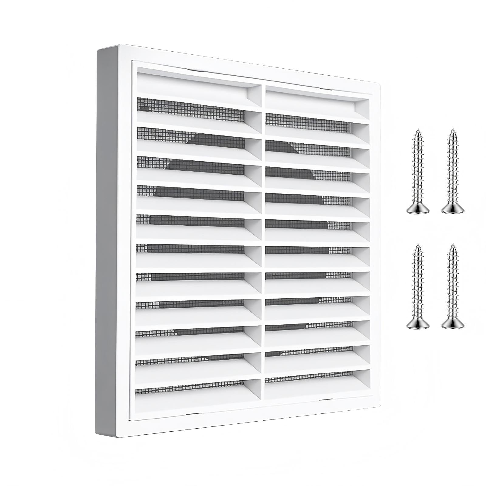 Louvred Wall Vent Grille 176mm, Round Rear Spigot 150mm with Metal Fly Screen Exterior Air Vent Cover for Bathroom and Kitchen Extractor Fans (White)