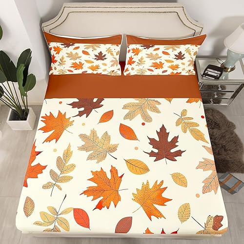 Manfei Sábana bajera ajustable de otoño tamaño individual, funda de cama temática de otoño con 1 funda de almohada, juego de ropa de cama con