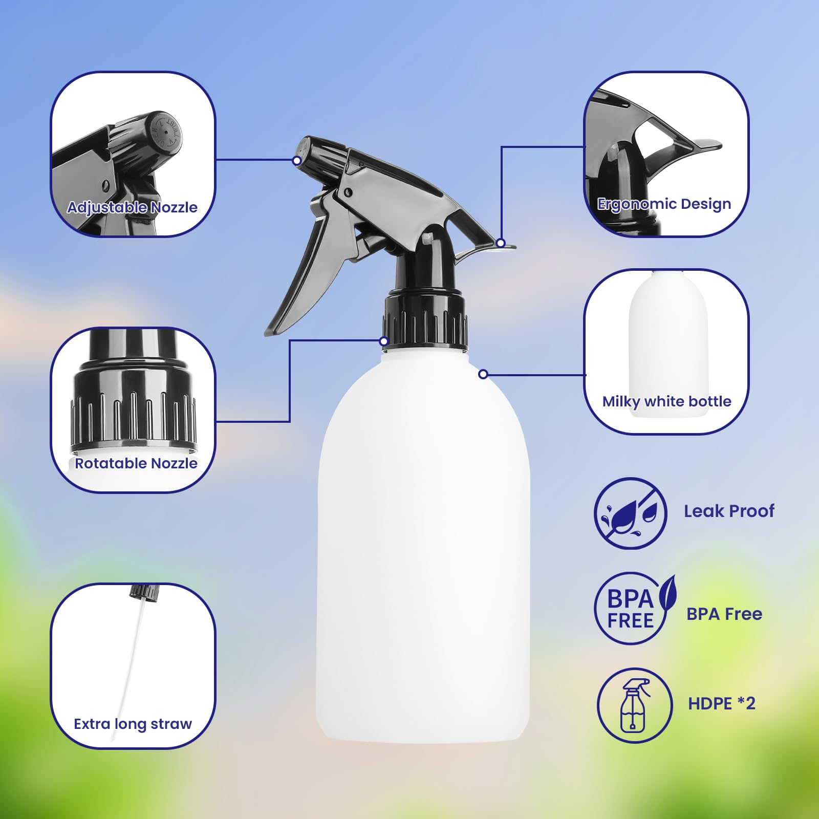 Botellas de spray vacías de 500 ml de polietileno de alta densidad sin fugas, botella de spray vacía para soluciones de limpieza, plantas, blanqueador, vinagre, alcohol