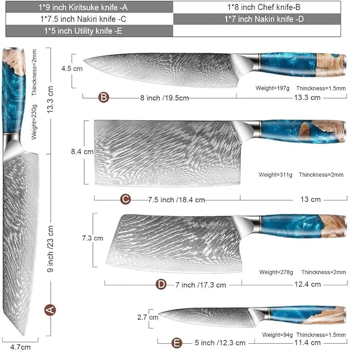 Set Cuchillos Cocina 5 Piezas Acero Inoxidable Damasco Chef miniatura 3
