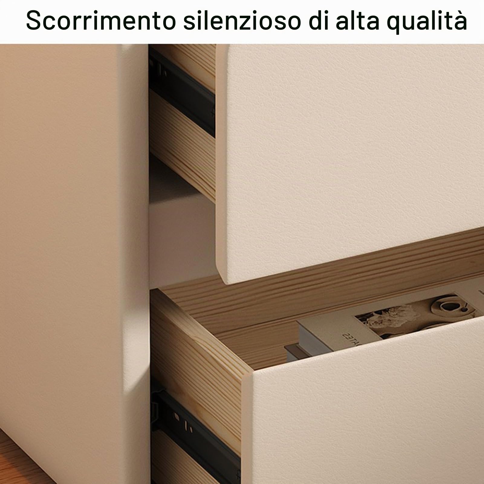 DTREEL Comodino Moderno con 2 Cassetti in Legno Massello e Pelle Microfibra, Tavolino da Camera da Letto/Soggiorno/Dormitorio, Beige, 50 cm/20 in