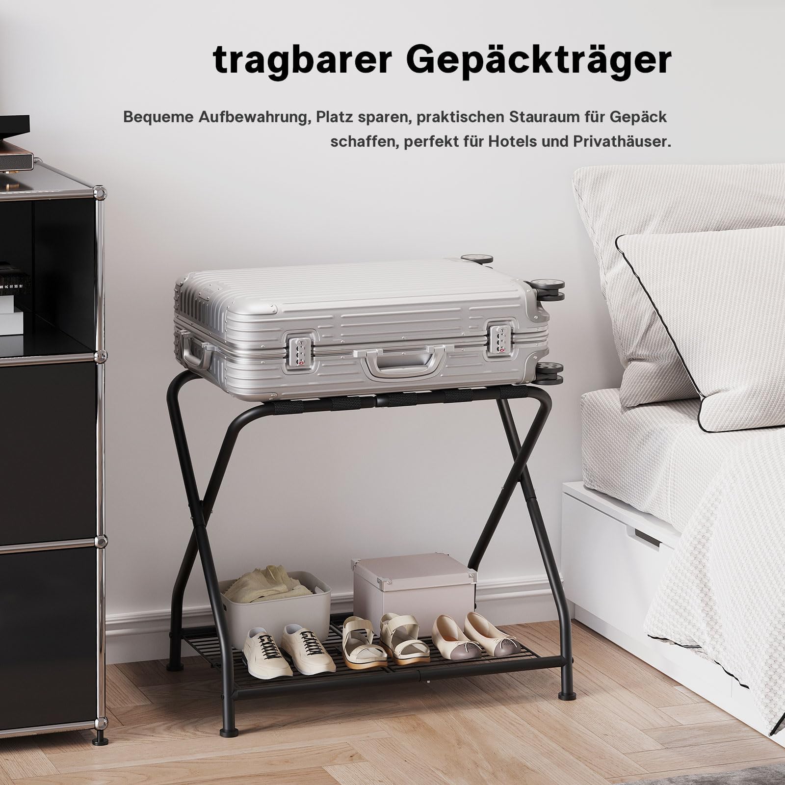 Lot de 2 porte-bagages pliables avec étagère - En métal - 64 x 44 x 55 cm - Peu encombrant - Pour chambre à coucher, chambre d'amis, hôtel - Noir
