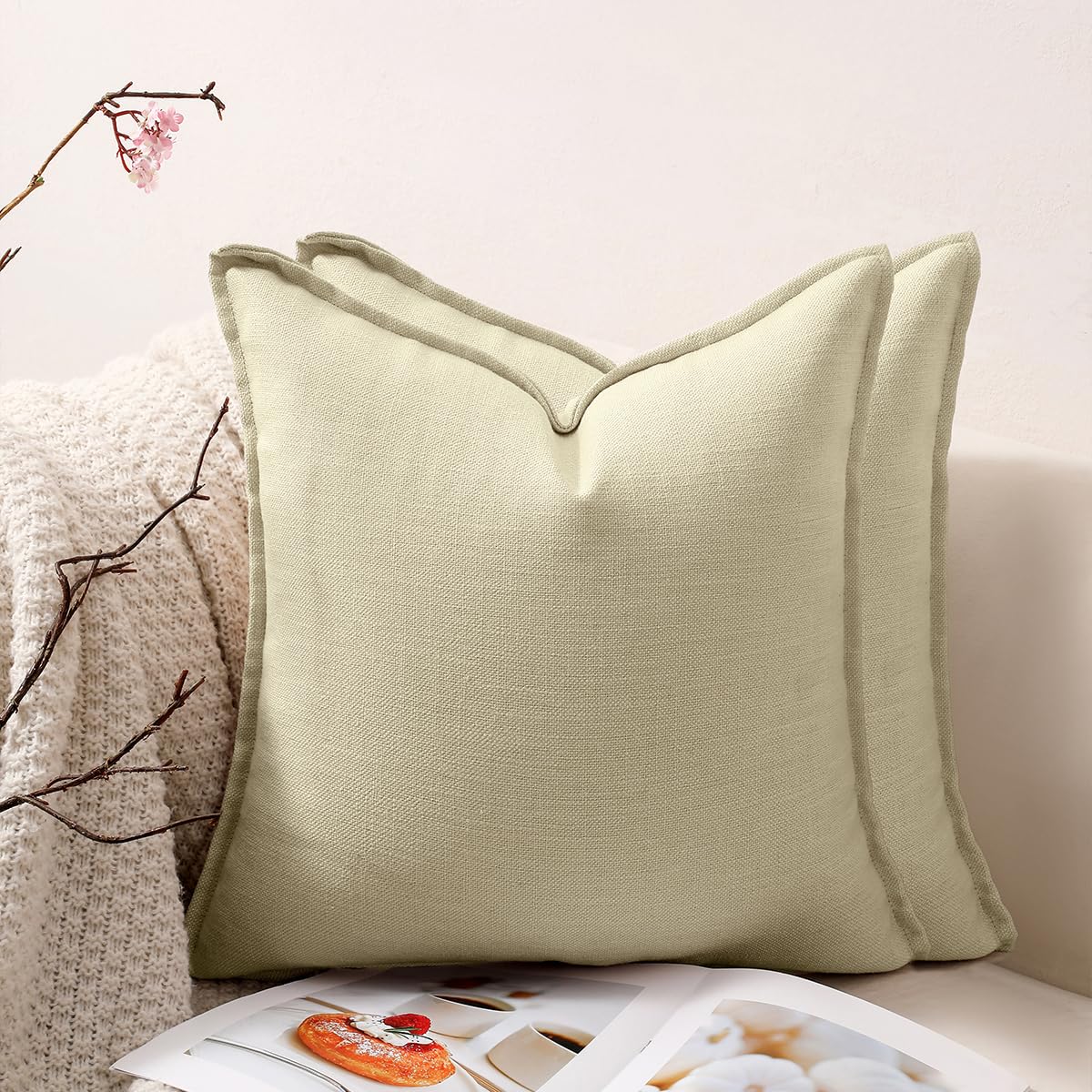 HOMTRYLIC Cushion Covers Set of 2 Decorative Neutral Throw Pillow Covers 45x45cm Soft Farmhouse Boho Cushion Pillow Cases Vintage Pillowcase with Flange for Sofa Bedroom Home Decor, Beige