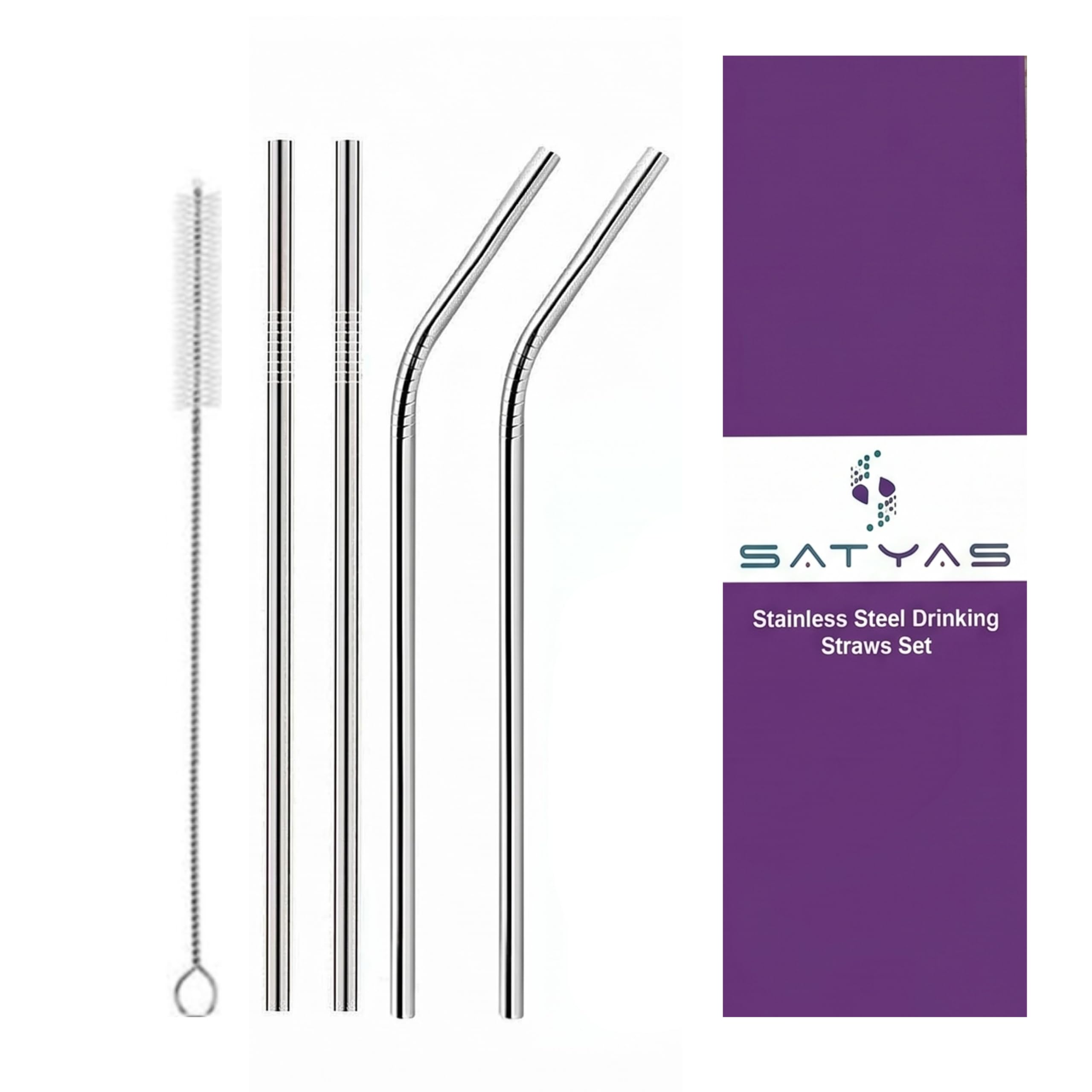 SATYAS Pristine Sips Stainless Steel Straw Set | 5 Pieces (2 Straight, 2 Bent, 1 Cleaning Brush) | Food Grade 304 Stainless Steel | Reusable, Rust Resistant, BPA Free | Eco-Friendly Drinking Straws-image-20