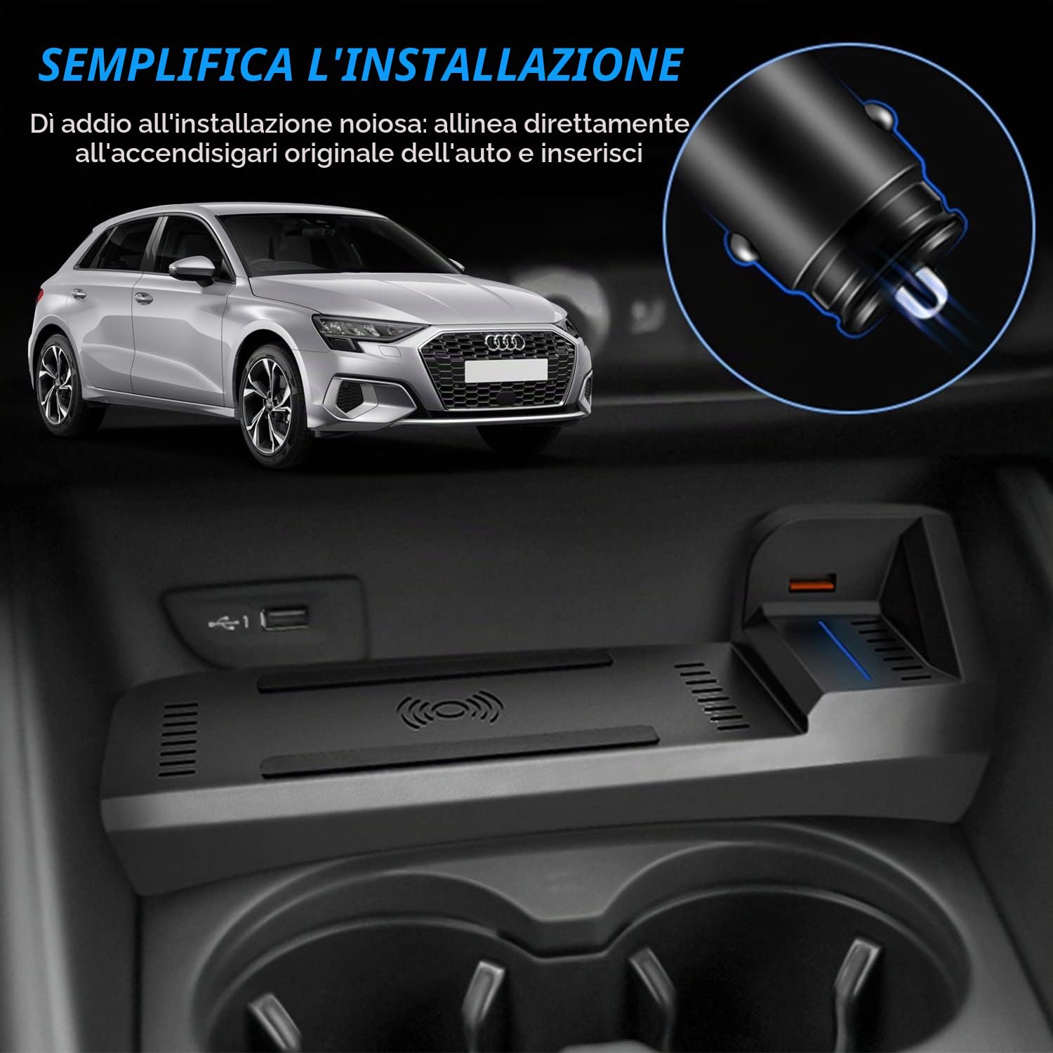 Caricabatteria da Auto Wireless per Audi A3 S3 RS3 2014 2015 2016 2017 2018 2019 2020, 15W Rapida Ricarica Telefono Pad per Audi A3 Console Centrale Accessori, Regalo per Audi Possessori
