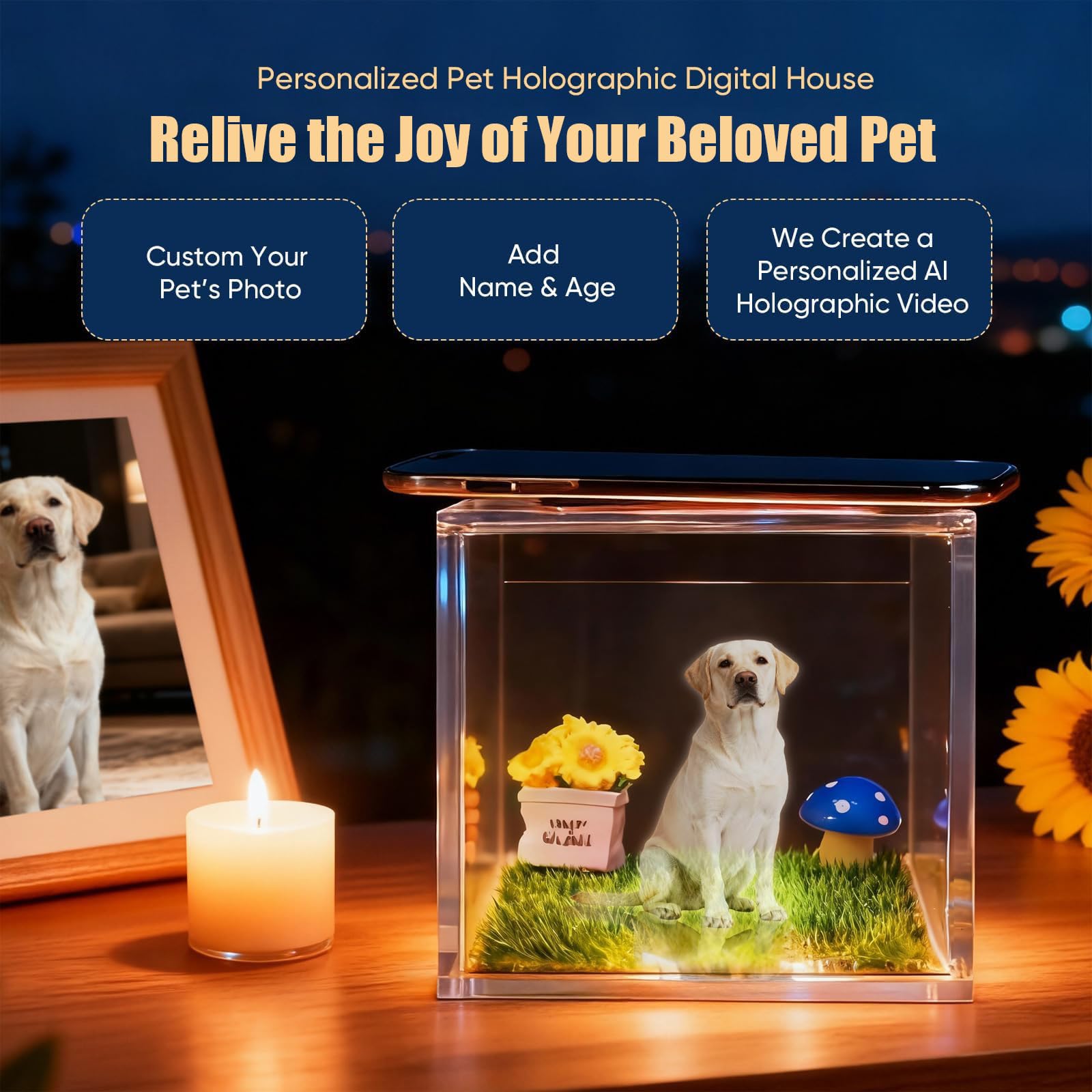 Caja Conmemorativa Holográfica Personalizada para Mascotas, Recuerdo de Holograma de Mascota 3D Personalizado con Foto, Exhibición Digital de Casa de Mascotas, Adorno de Recuerdo