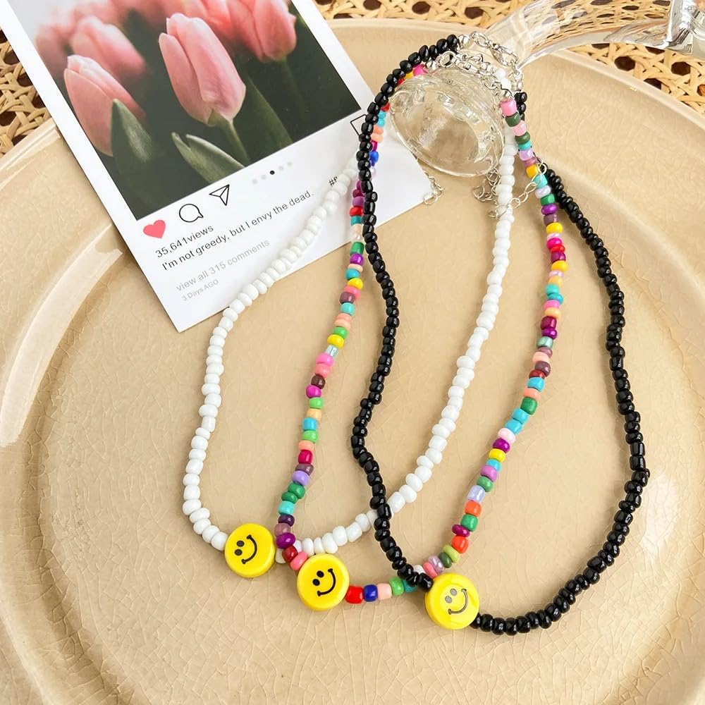 Collana preppy in argento sterling 925 per donne e ragazze, girocollo con perline con viso giallo, colletto estivo carino, collana colorata, collane, collane per ragazze adolescenti