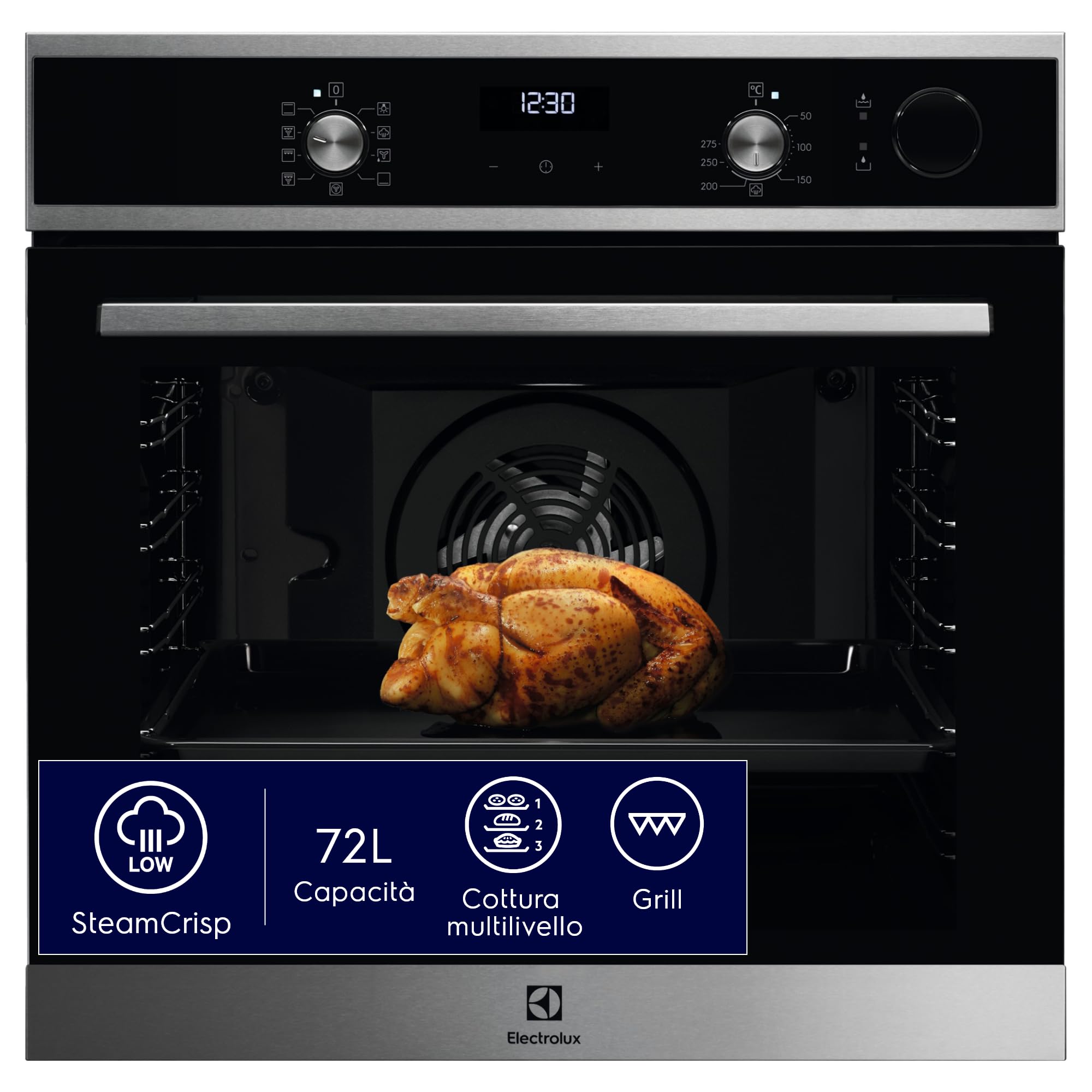 Electrolux LOC5H40X2 Forno da Incasso Serie 600 SteamCrisp, 72 L, Multifunzione con Cottura a Vapore, Classe A, Pulizia AquaClean, Display LED, Acciaio Inox, 589x596x569 mm