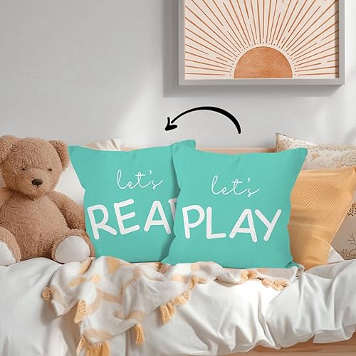 Miniatura 10 de HIWX Decoración para sala de juegos para niños, almohadas de aula, almohada decorativa de 12 x 20 pulgadas, con texto en inglés "Let's Read Play"