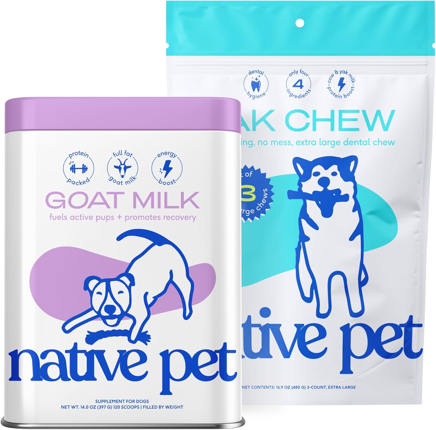 Native Pet Goat Milk Powder for Dogs (120 Scoops) & Yak Chew (3 XL Chews) - All Natural Dental Sticks Made with Yak Cheese & Organic Goat Milk to Support a Healthy Digestive System