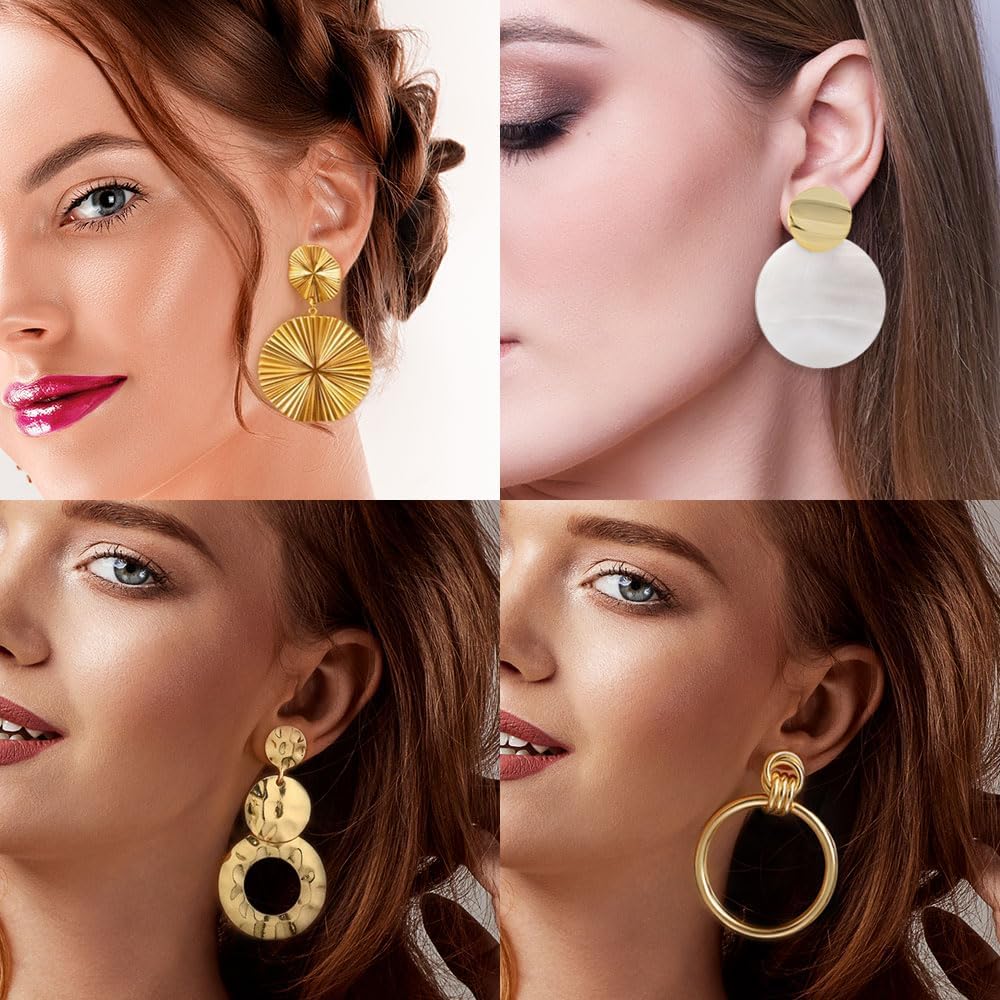 11 Pairs Big Disc Drop Earrings Gold Dangle Earrings Round Hammered Statement Earrings For Women Set - Image 4