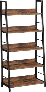 IRONCK 5 Tier Ladder Bookcase with Metal Frame, Rustic Brown