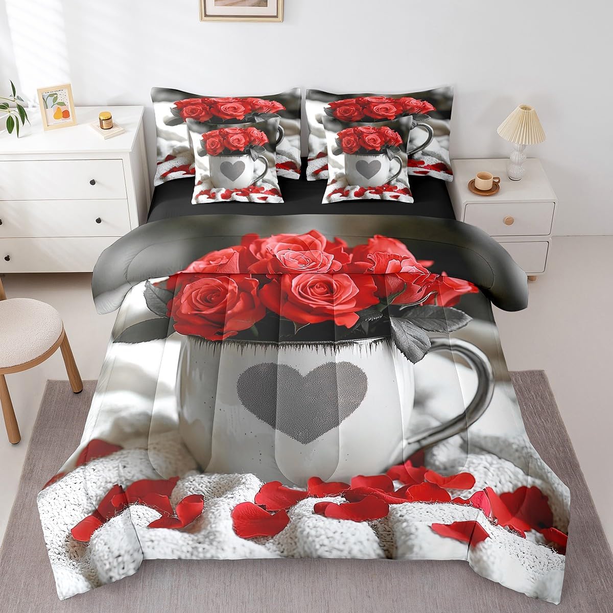 Erosebridal Red Rose Queen Comforter Set 7 Piece for Girls Lovers Women,Vintage Farmhouse Style Bed in a Bag with Sheet Set,Coffee Cup Romantic Love Heart Bed Sheets,Valentine Day Couple Bedding Set