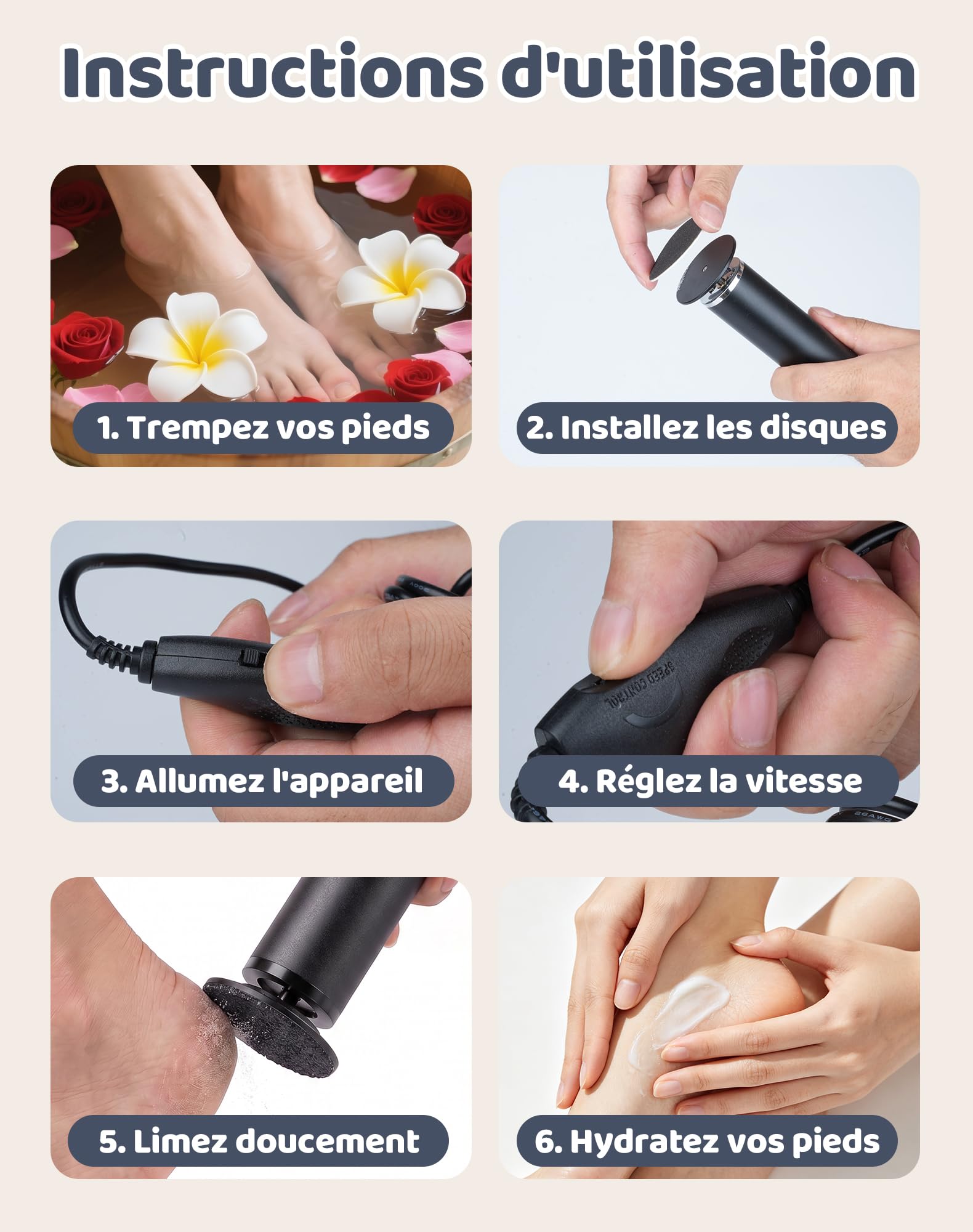Rapeuse Pieds électrique avec 60 Disques Abrasifs et Vitesse Variable Anti-callosité Lime Pieds Electrique Râpe à Pied Pédicure Honeyglow Élimine Callosités Et Peau Morte À La Maison, Noir mat