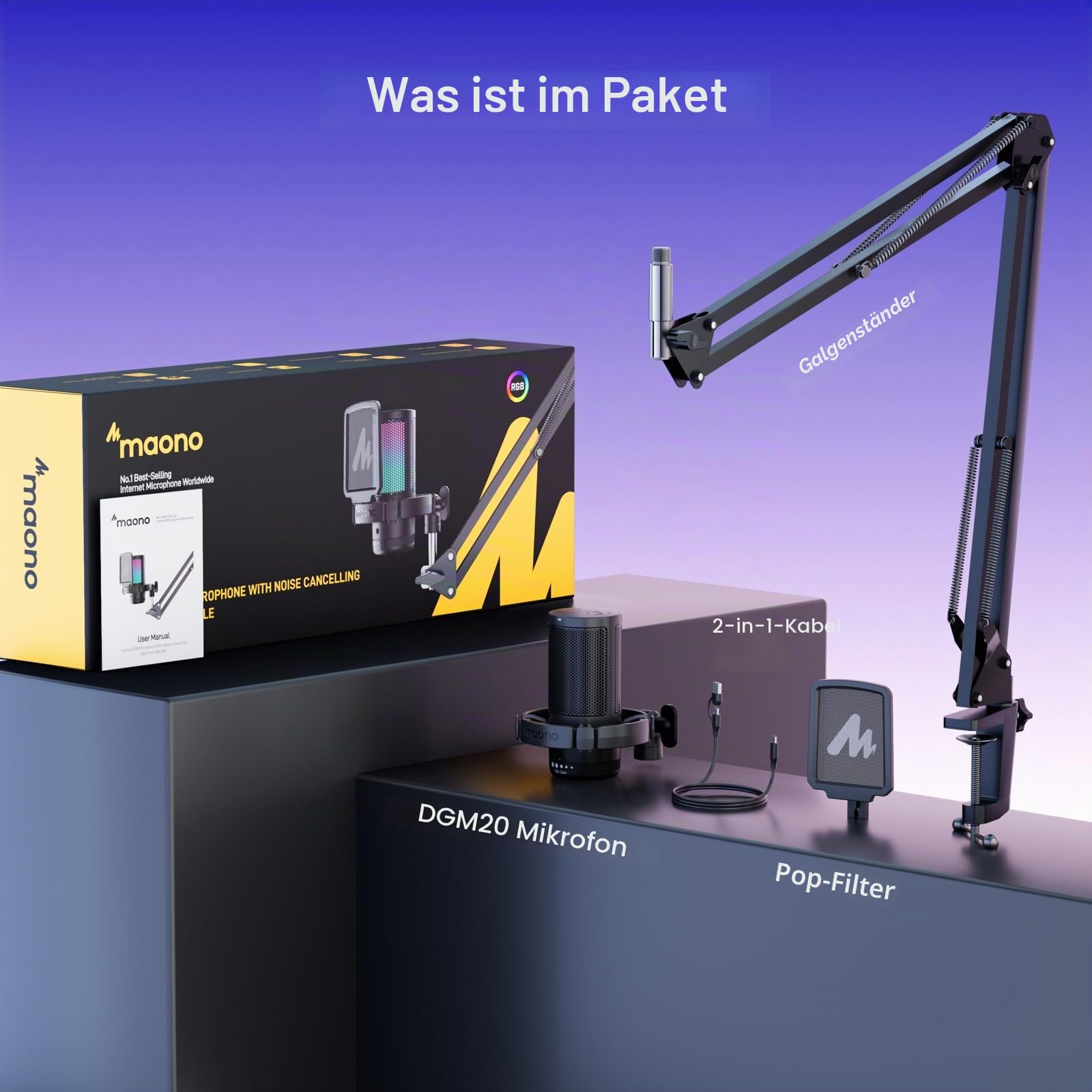 MAONO DGM20S Gaming USB Mikrofon, Noise Cancellation Kondensator Mic mit Mute, Gain, Monitoring, Galgenarm, Pop-Filter für Streaming, Podcast