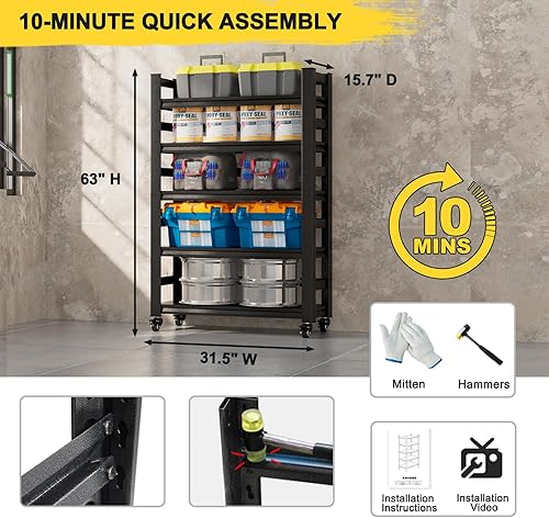 Miniatura 2 de Estantería de garaje con ruedas y valla, estantes de metal para almacenamiento, estantería de metal resistente con carga de 2000 libras, estantes de