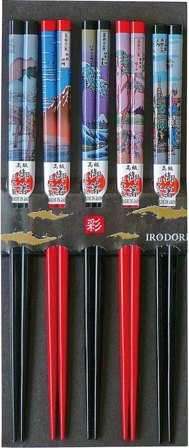 Wakasa Painted Chopsticks 265205 Natural Wood 8.9 inches (22.5 cm), Set of 5, For Guests, Ukiyo-e Tokaido, Made in Japan