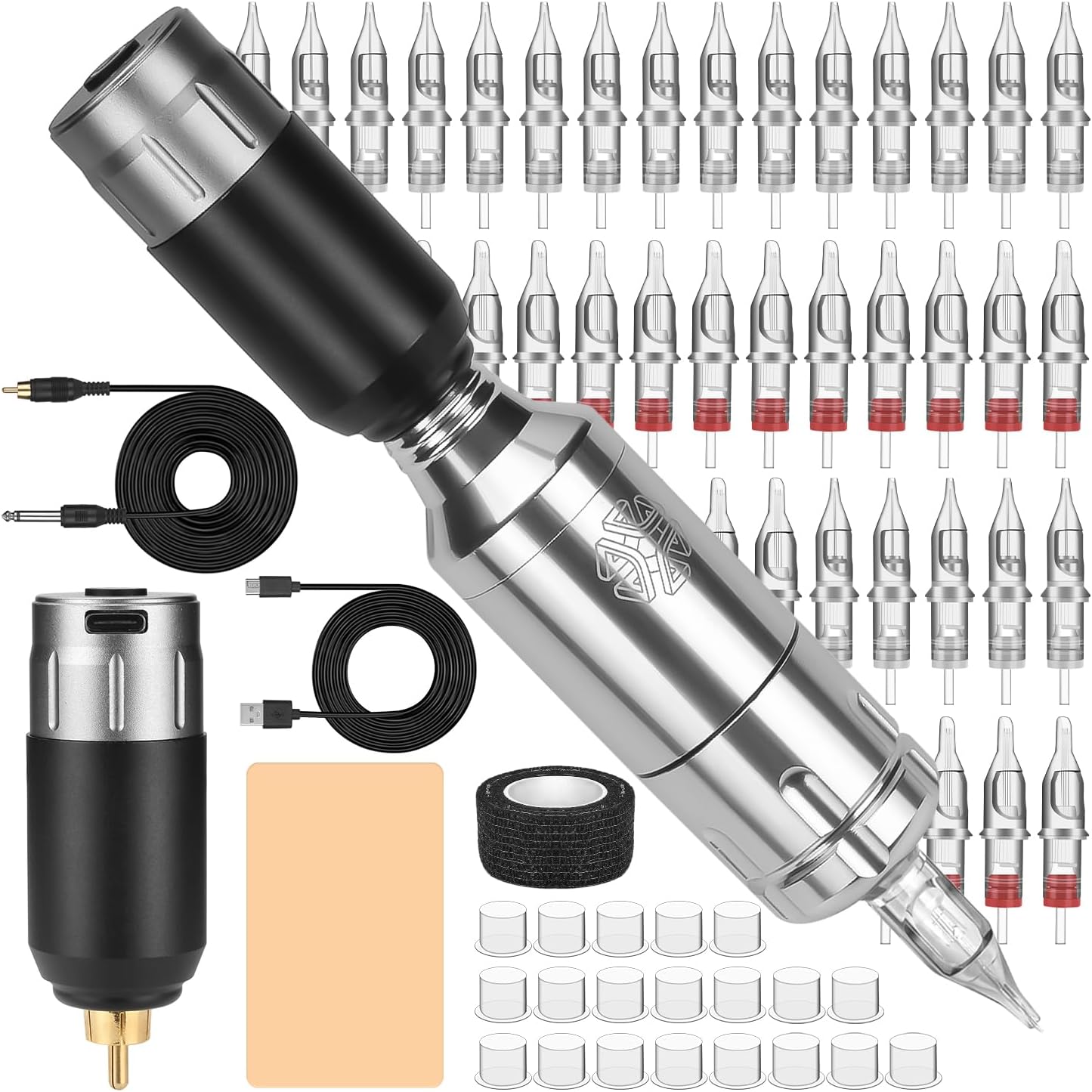 ATOMUS Wireless Tattoo Machine Kit Rotary Tattoo Machine Kit Cordless Tattoo Power 40pcs Cartridge Needle Practice Skin Ink Cup (Silver RCA Machine + Wireless RCA Power)