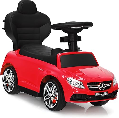 Vista 9 de HONEY JOY Auto de empuje para montar pie a suelo, con toldo y asa, portavasos, bocina, almacenamiento debajo del asiento, autos de empuje Mercedes