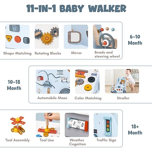 Miniatura 2 de Giant bean Andador de madera para bebés con centro de actividades, herramienta temática de tráfico de automóvil, clasificador de formas de banco,