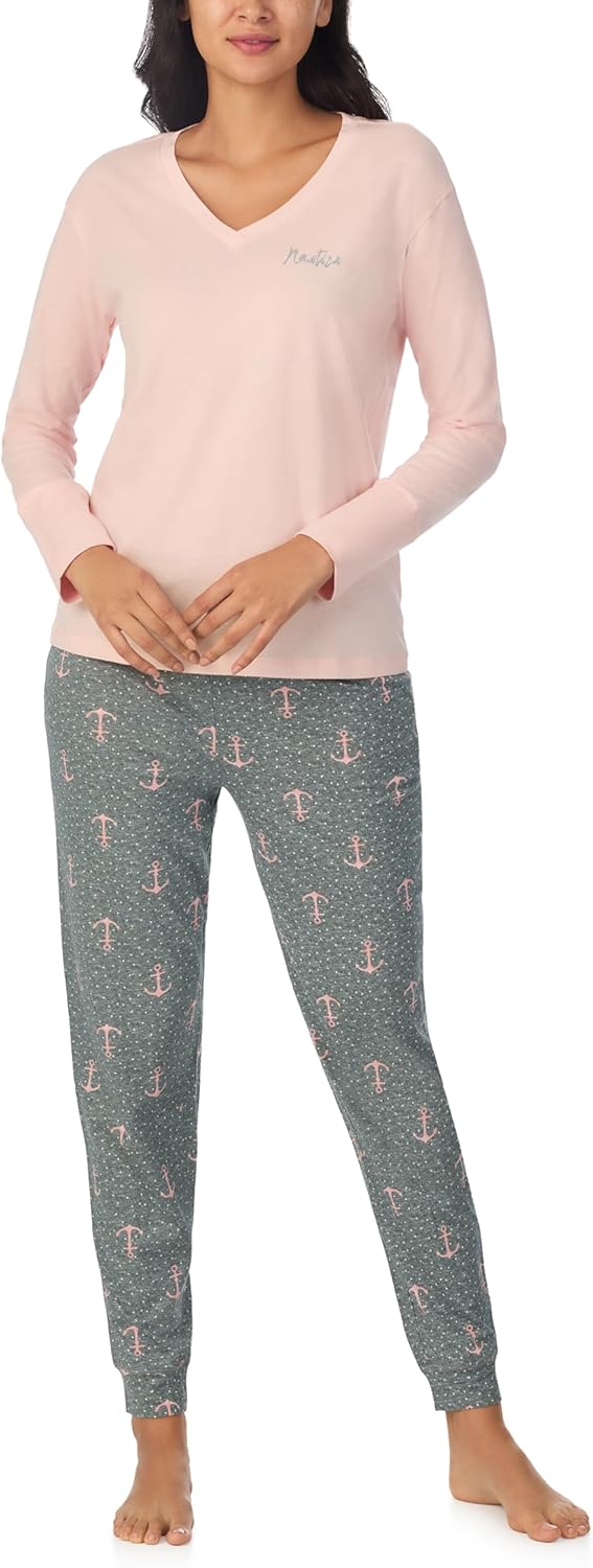 Nautica 2 Piece Long Sleeve Blend V-Neck Top & Jogger Pajama Set for Women, Lightweight & Breathable Cotton & Polyester Blend