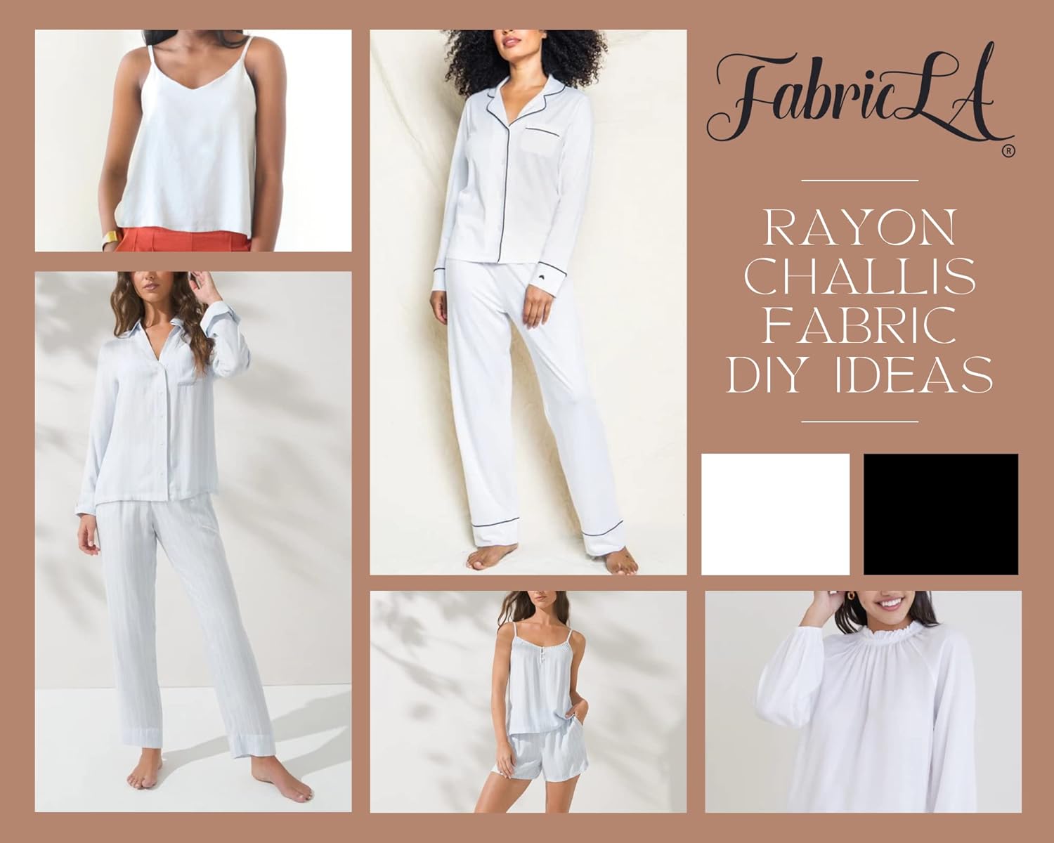 FabricLA Rayon Challis Fabric - 55" Inches Wide - Lightweight Rayon Fabric - Use for Lounge Wear, Jumpsuits, Pajamas, and Skirts - White, 5 Continuous Yards