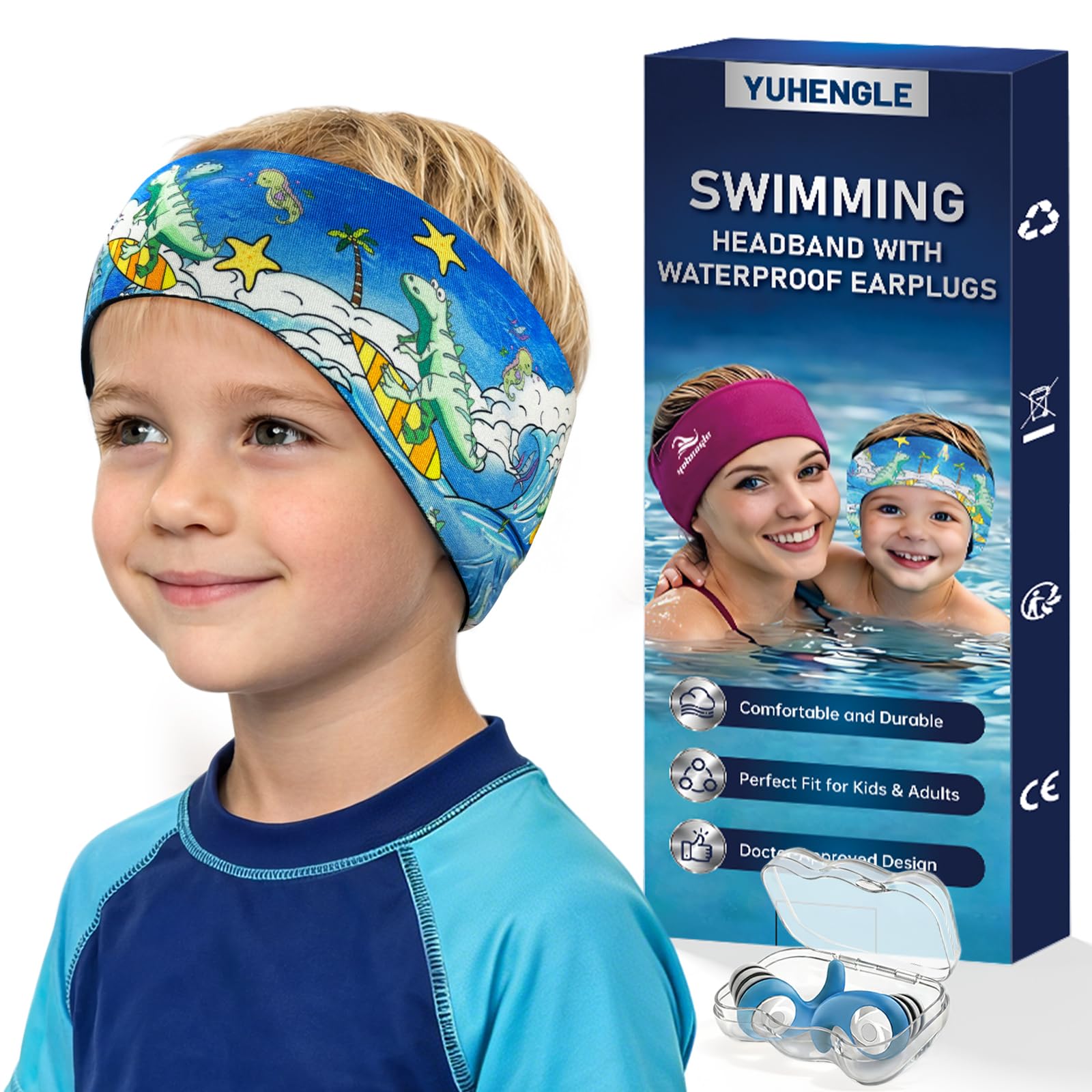 Schwimmen Stirnband für Kinder - 2 Paar Schwimm Ohrstöpsel & Neopren Schwimmband,Hohe Elastizität & Klettverschluss