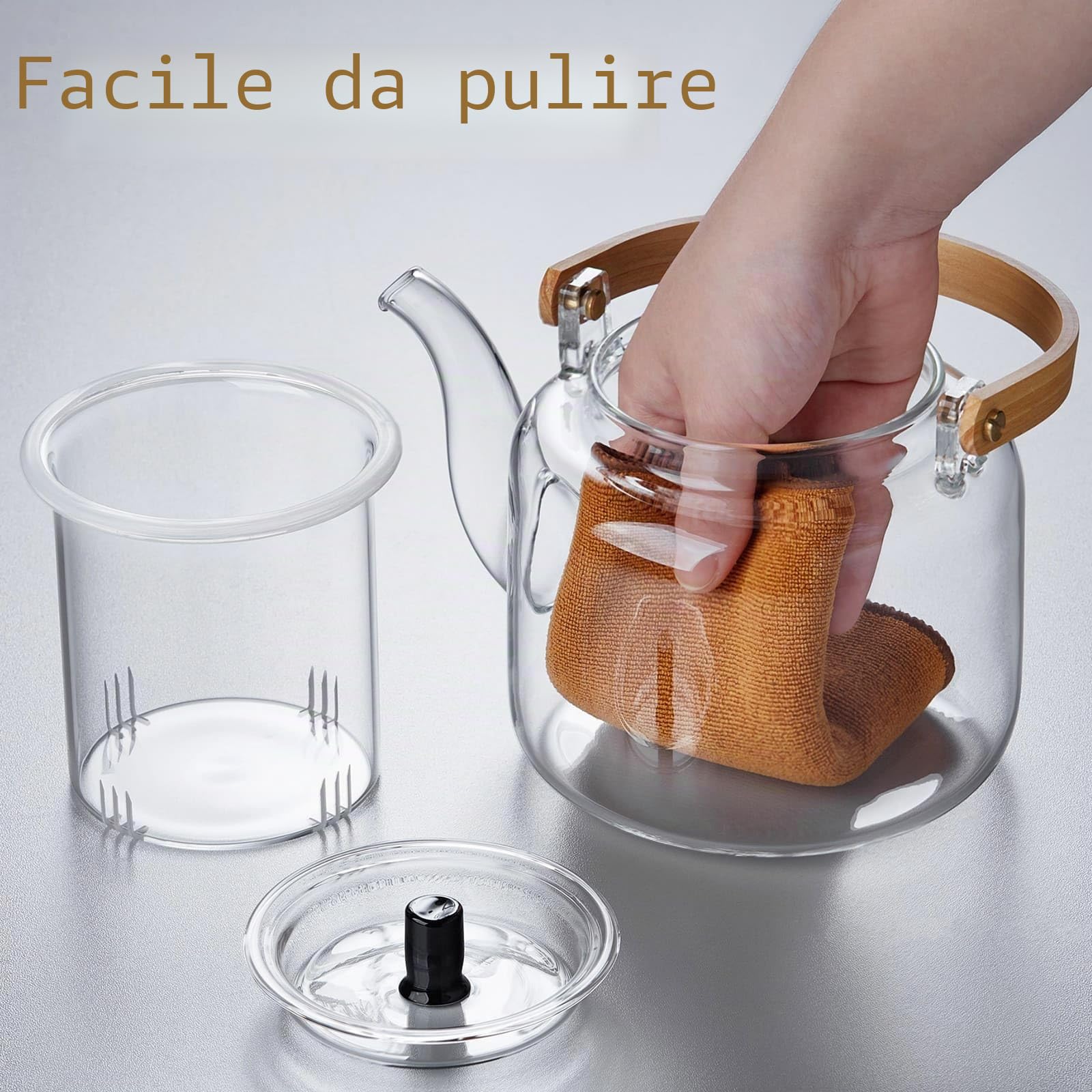 Set Teiera Vetro, MESNEY Teiera con Infusore 1100ml con 4 Tazza da Tè, Vetro Borosilicato, Adatta per Microonde e Piano Cottura