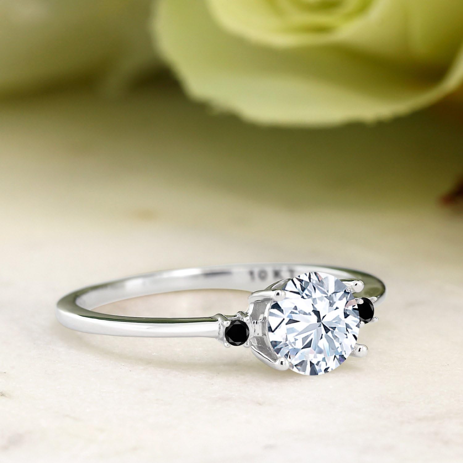 Gem Stone King 10K White Gold White Created Sapphire and Black Diamond Solitaire Engagement Ring For Women (1.23 Cttw, Round 6MM, Gemstone September Birthstone)