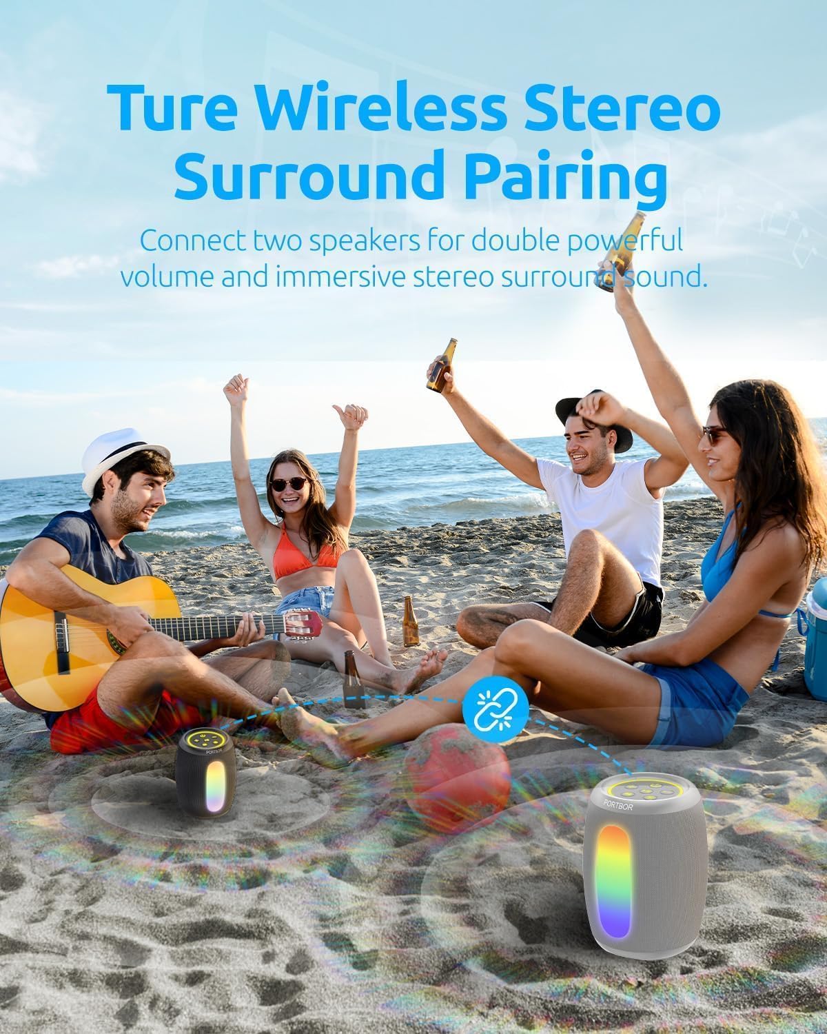 Bluetooth Speaker - Portable Wireless Speaker with Powerful Stereo Sound, IPX5 Waterproof, Dustproof, 3000mAh Battery Up to All Day Playtime, BT 5.3 with AUX, TWS Pair, for Outdoor/Home/Party/Beach